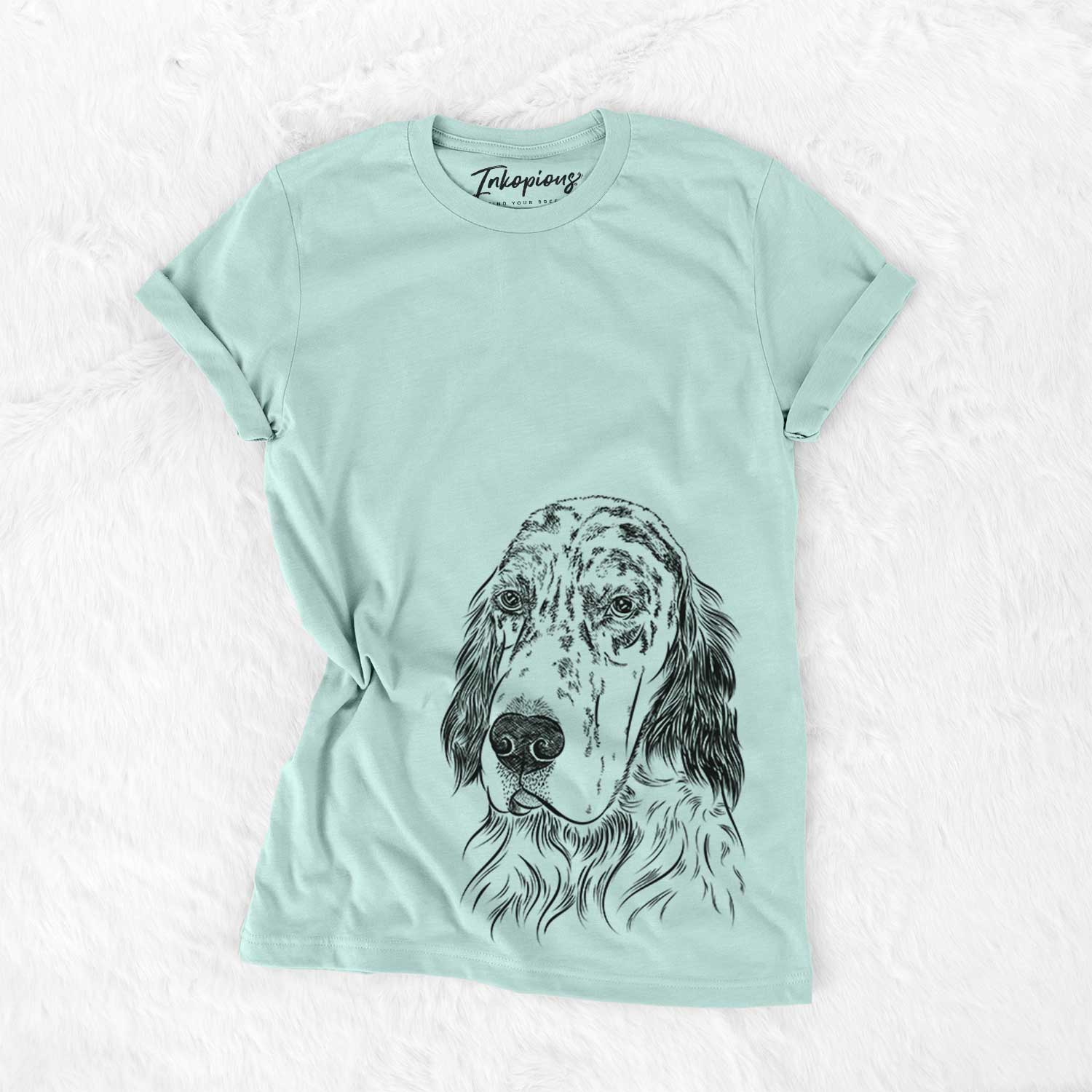Hand-drawn sketch of Hutch the English Setter on a Heather Sage Bella Canvas Unisex Crewneck