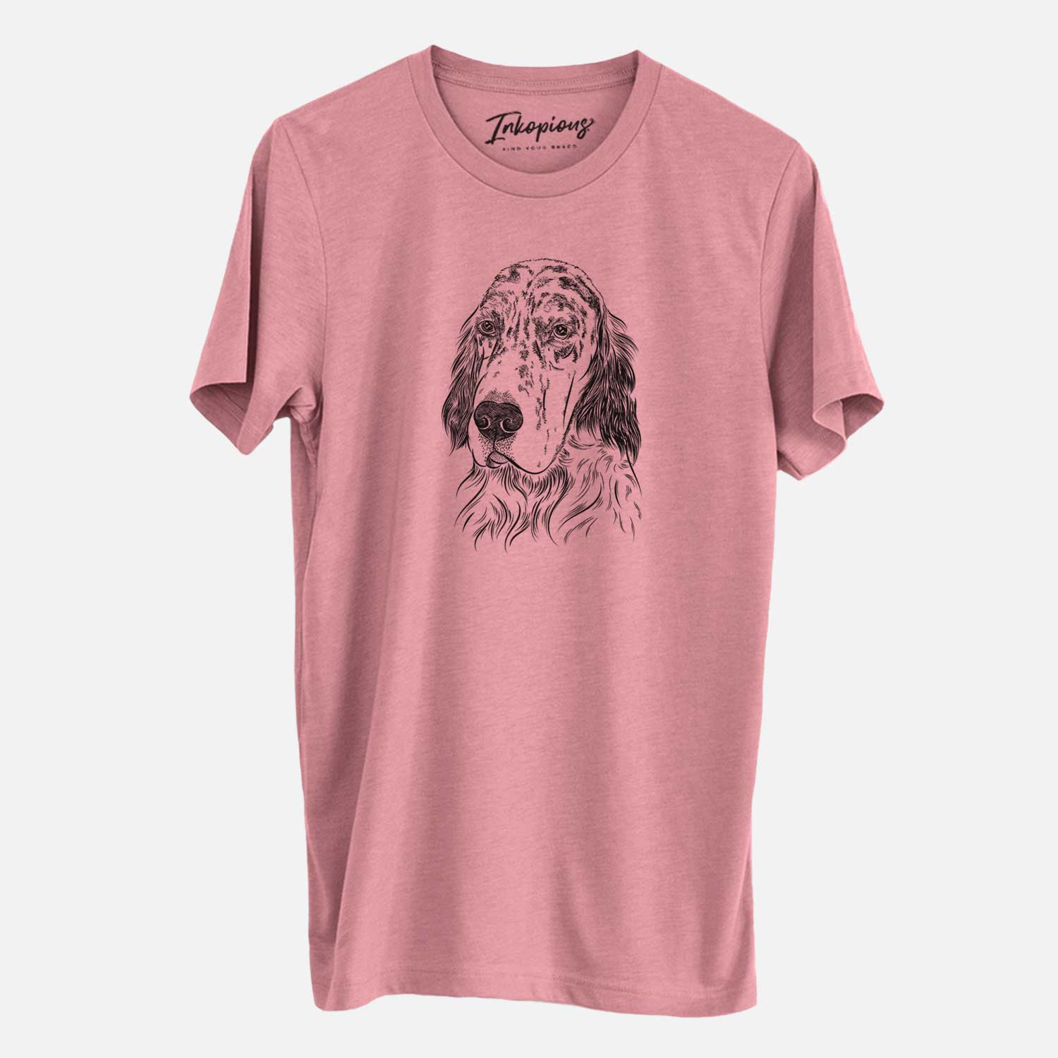 Hand-drawn sketch of Hutch the English Setter on a Mauve Unisex crewneck