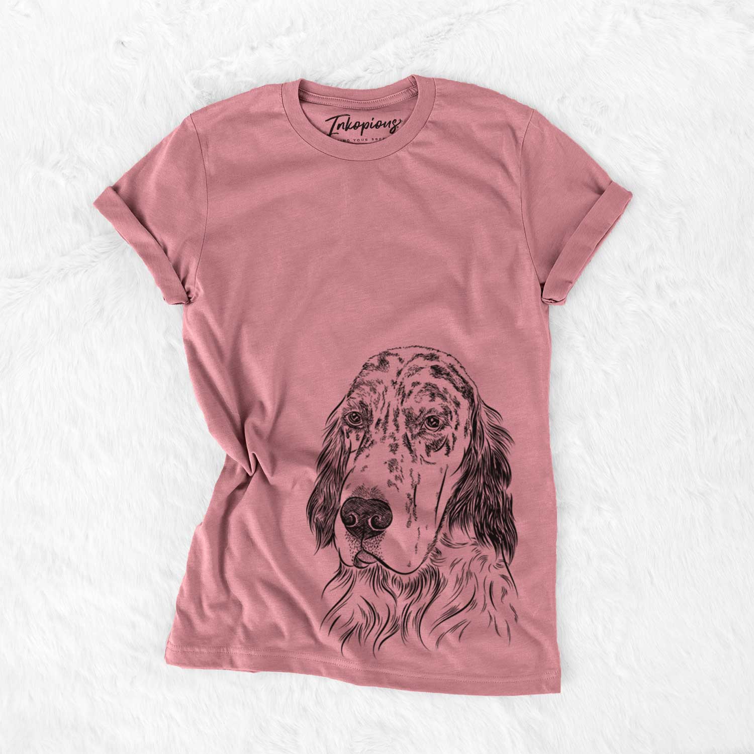 Hand-drawn sketch of Hutch the English Setter on a Mauve Unisex crewneck
