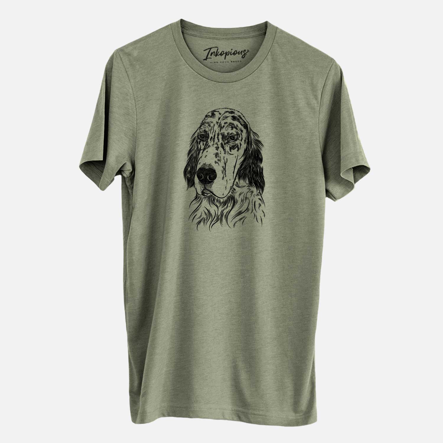 Hand-drawn sketch of Hutch the English Setter on an Olive Unisex crewneck