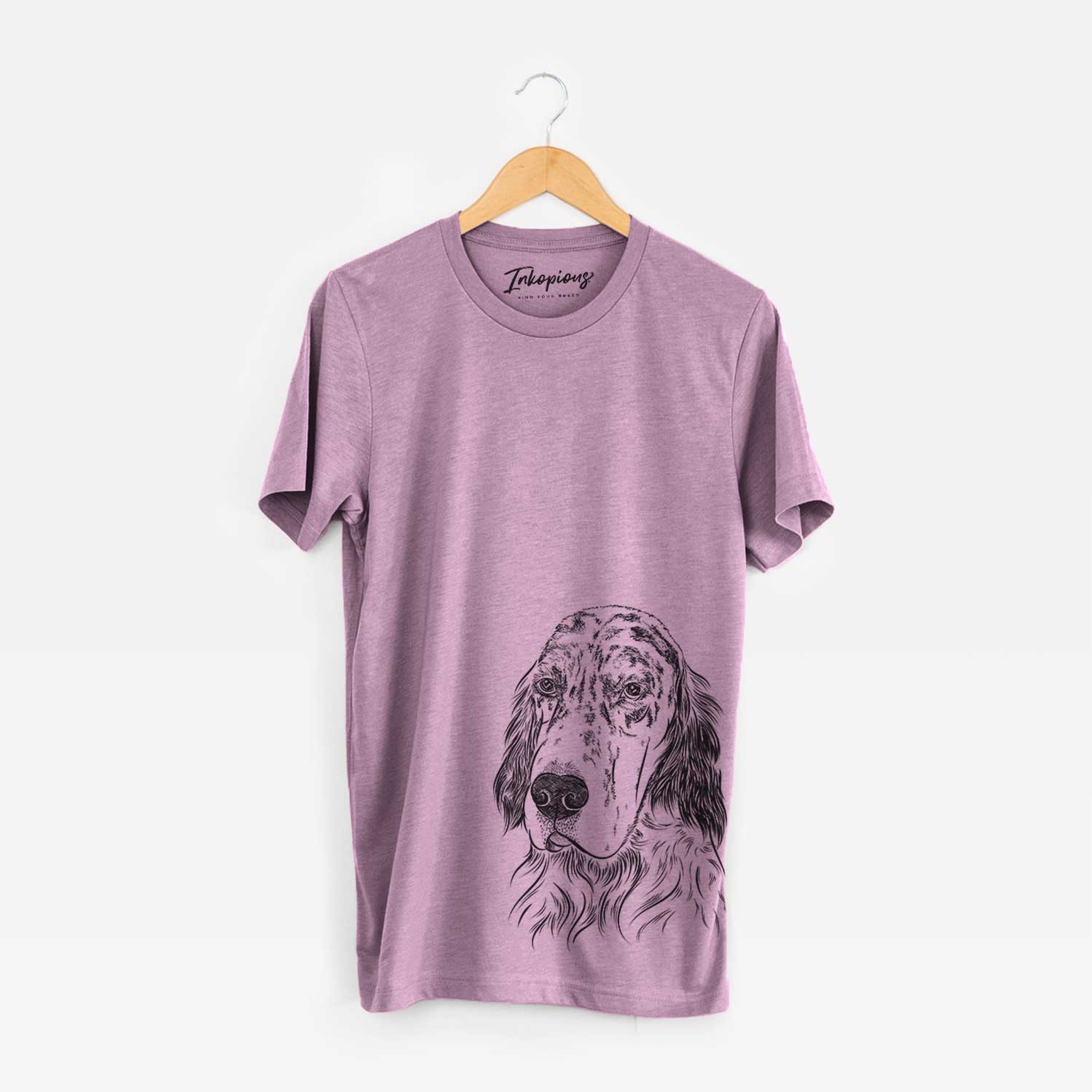 Hand-drawn sketch of Hutch the English Setter on an Orchid Bella Canvas Unisex Crewneck