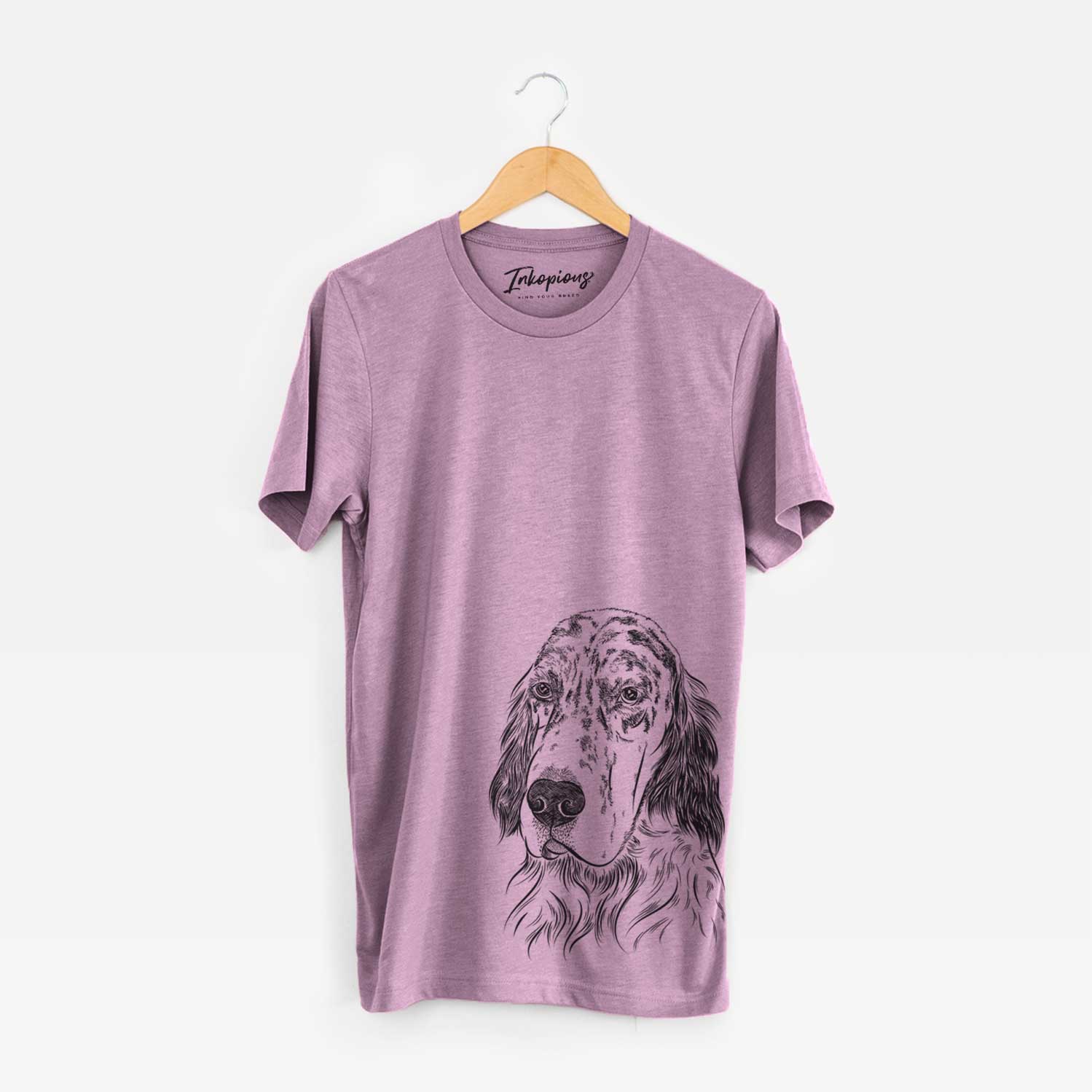 Hand-drawn sketch of Hutch the English Setter on an Orchid Unisex crewneck