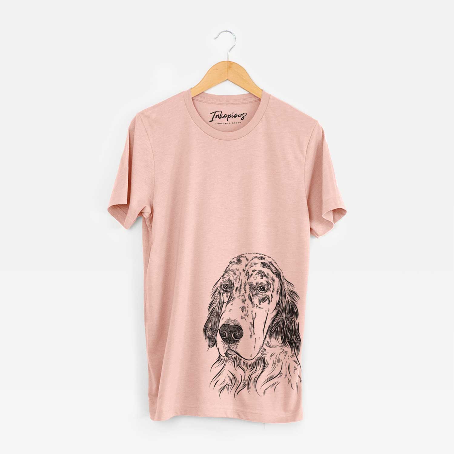 Hand-drawn sketch of Hutch the English Setter on a Peach Unisex crewneck