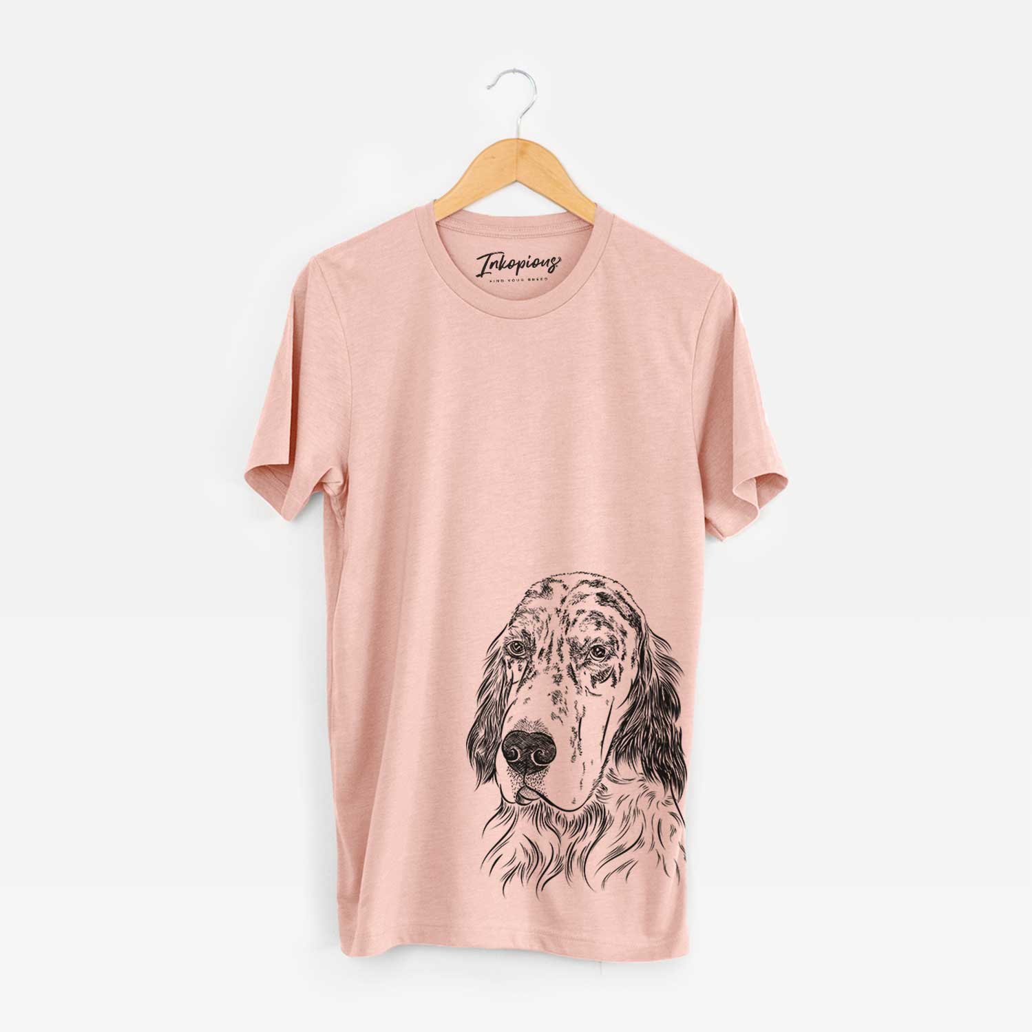 Hand-drawn sketch of Hutch the English Setter on a Peach Bella Canvas Unisex Crewneck