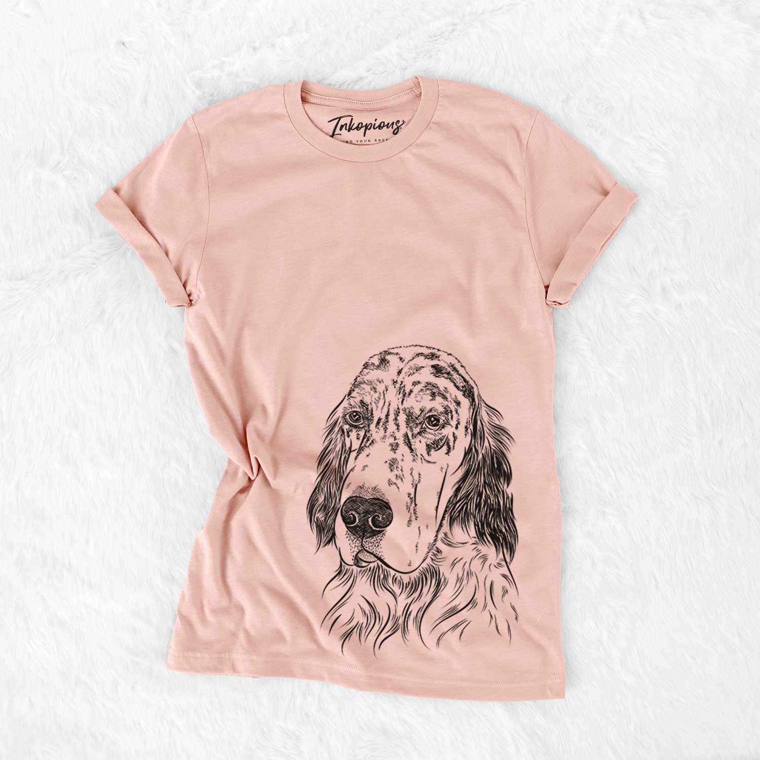 Hand-drawn sketch of Hutch the English Setter on a Peach Bella Canvas Unisex Crewneck