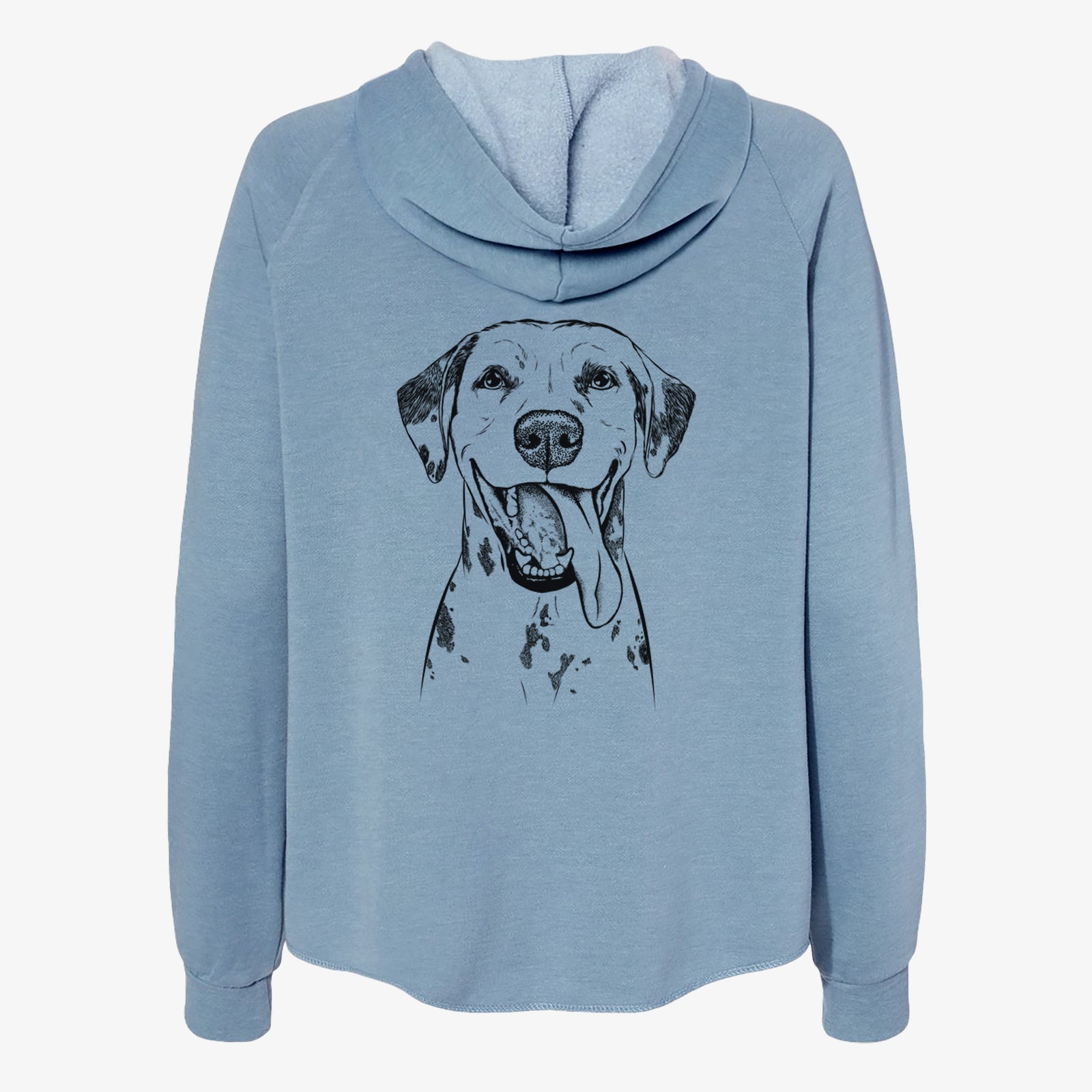 Hand-drawn sketch of Hydro the Dalmatian on a Misty Blue Women's cali wave zip-up sweatshirt