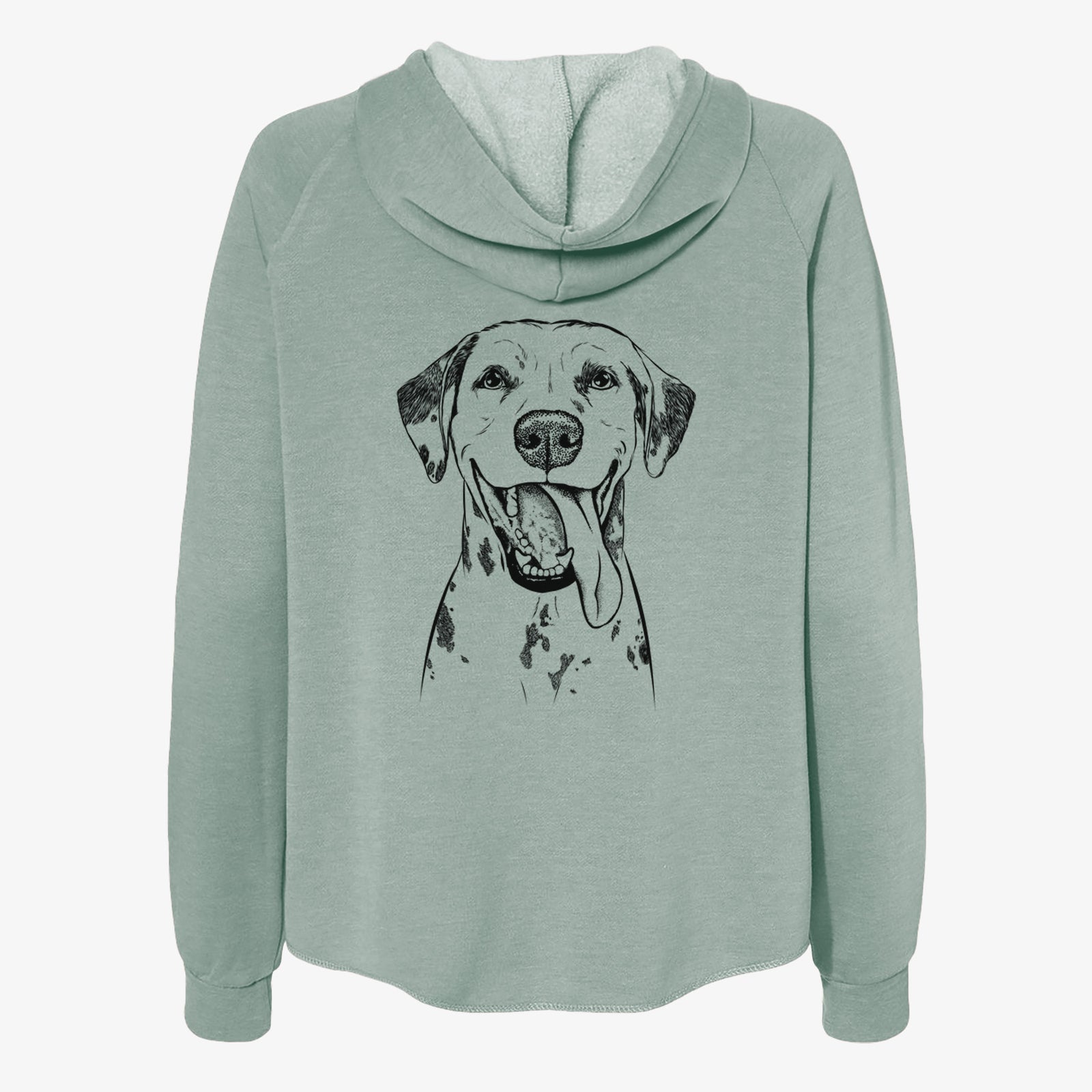 Hand-drawn sketch of Hydro the Dalmatian on a Sage Women's cali wave zip-up sweatshirt