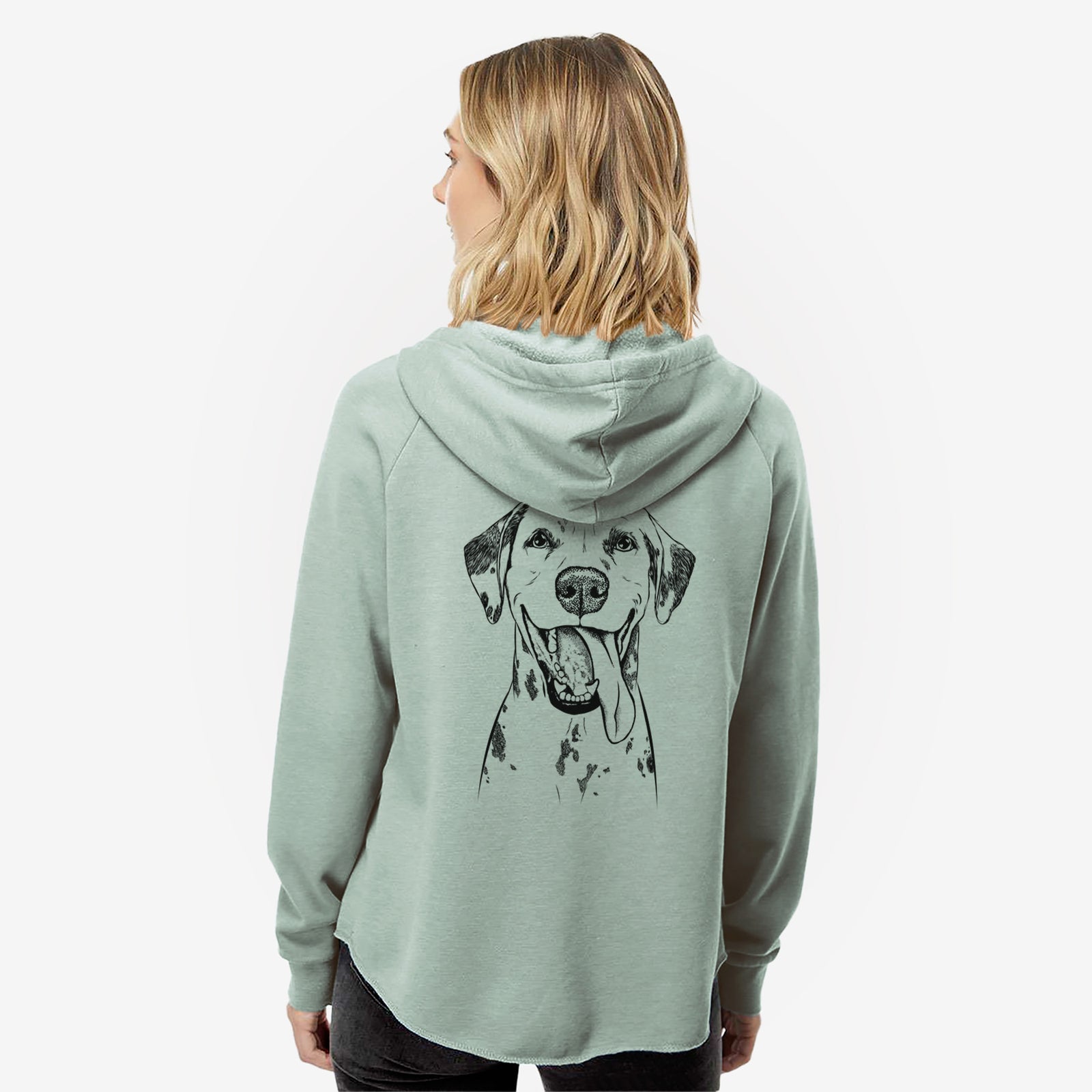 Hand-drawn sketch of Hydro the Dalmatian on a Sage Women's cali wave zip-up sweatshirt