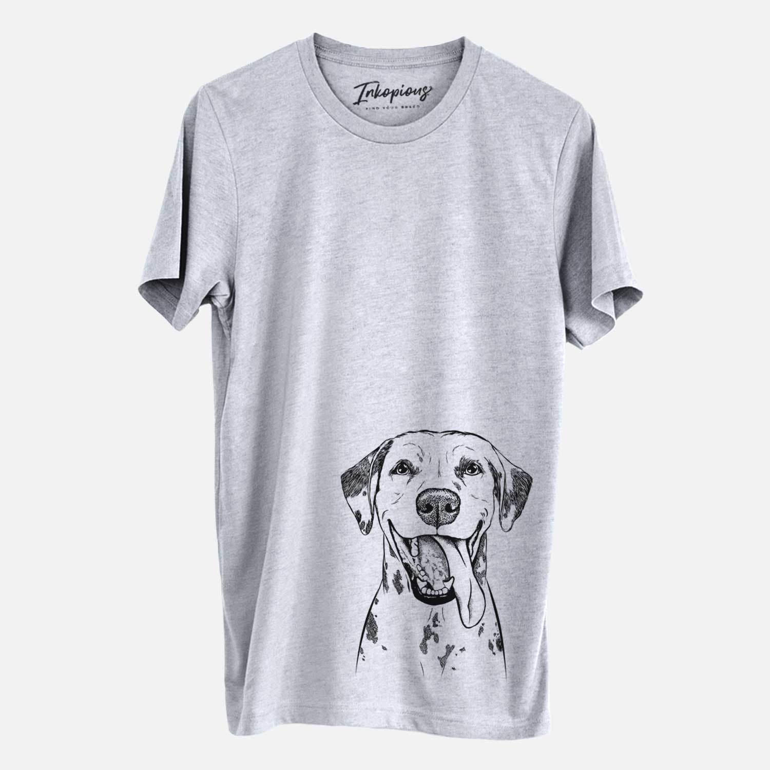 Hand-drawn sketch of Hydro the Dalmatian on a Grey Unisex crewneck