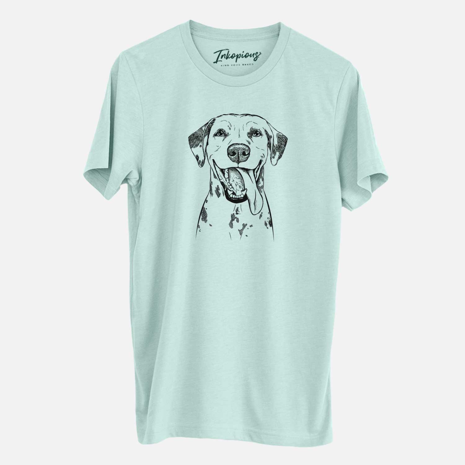 Hand-drawn sketch of Hydro the Dalmatian on a Heather Sage Unisex crewneck
