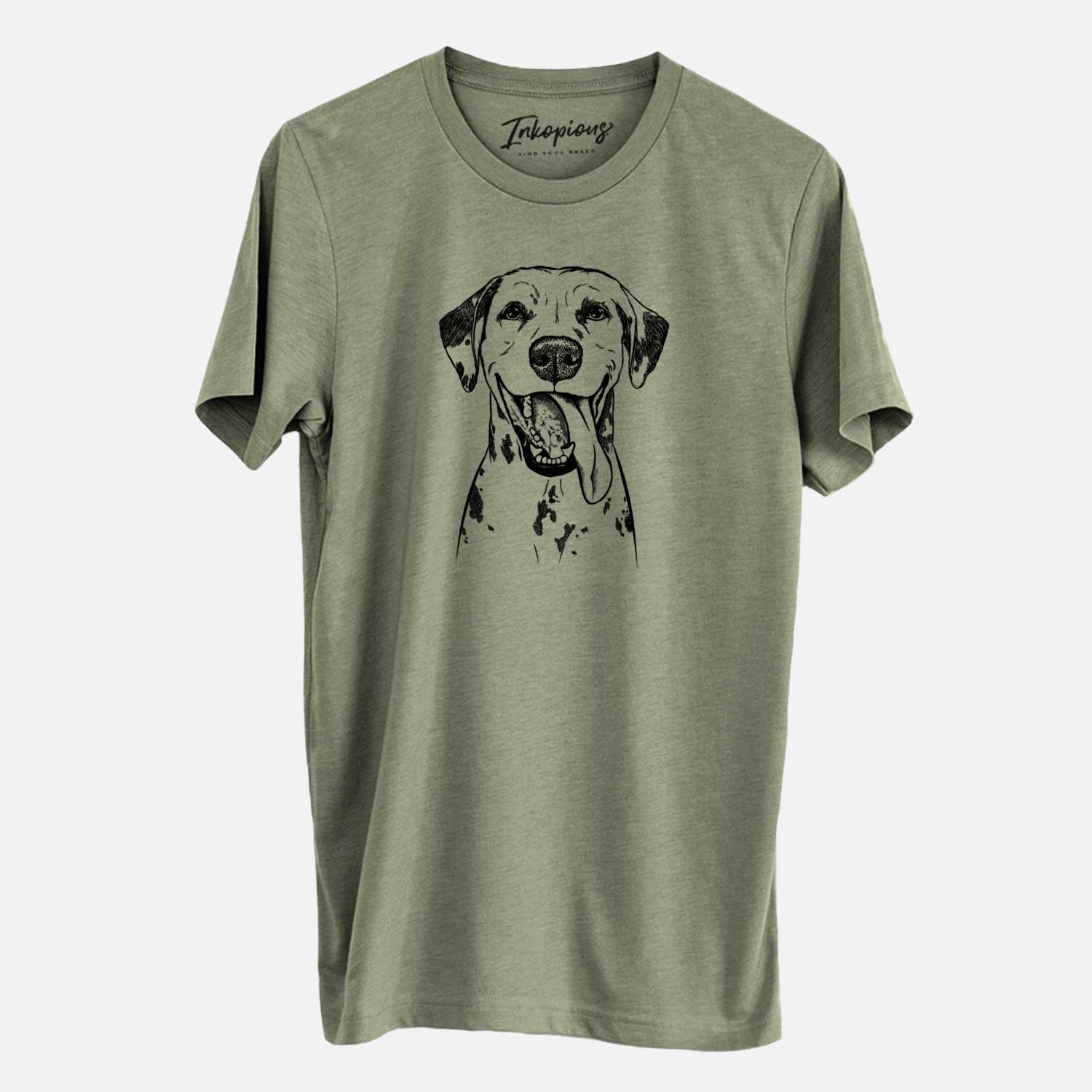 Hand-drawn sketch of Hydro the Dalmatian on an Olive Unisex crewneck