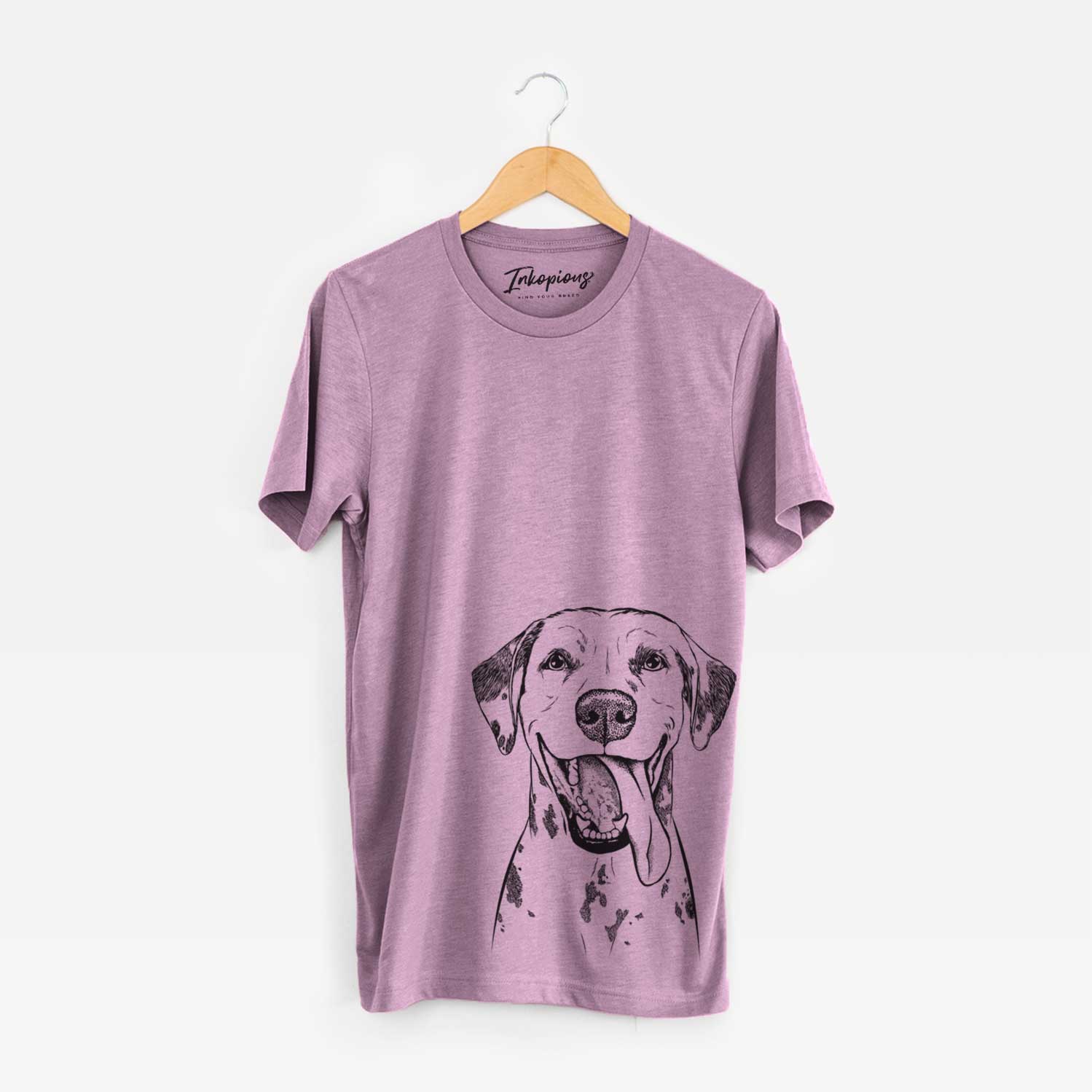 Hand-drawn sketch of Hydro the Dalmatian on an Orchid Unisex crewneck