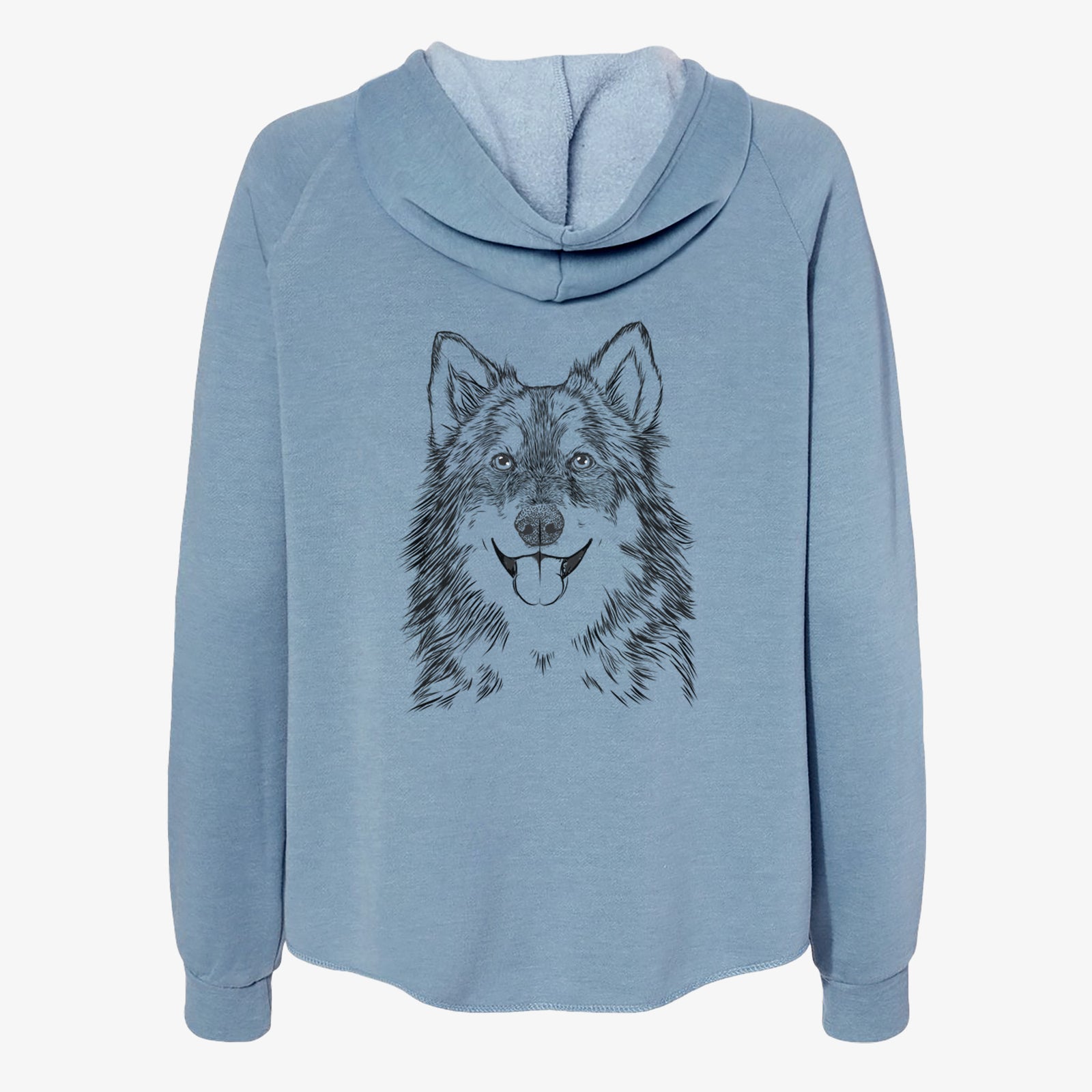 Hand-drawn sketch of Iben the Utonagan on a Misty Blue Women's cali wave zip-up sweatshirt