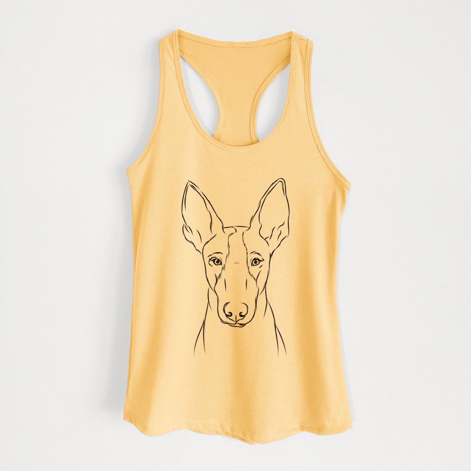 Hand-drawn sketch of Indy the Ibizan Hound on a Banana Cream Women's racerback tanktop