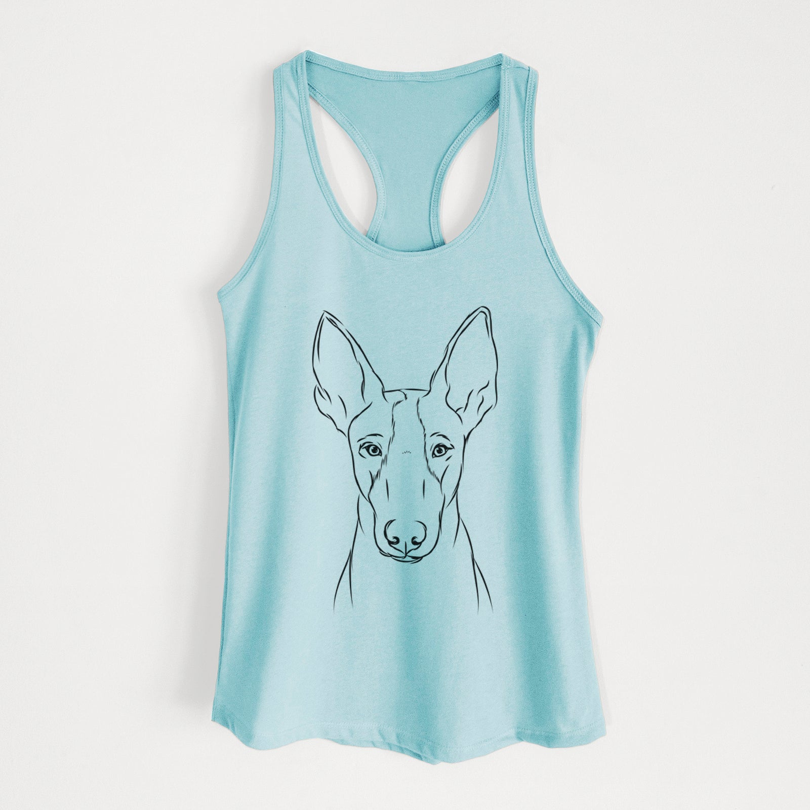 Hand-drawn sketch of Indy the Ibizan Hound on a Cancun Blue Women's racerback tanktop
