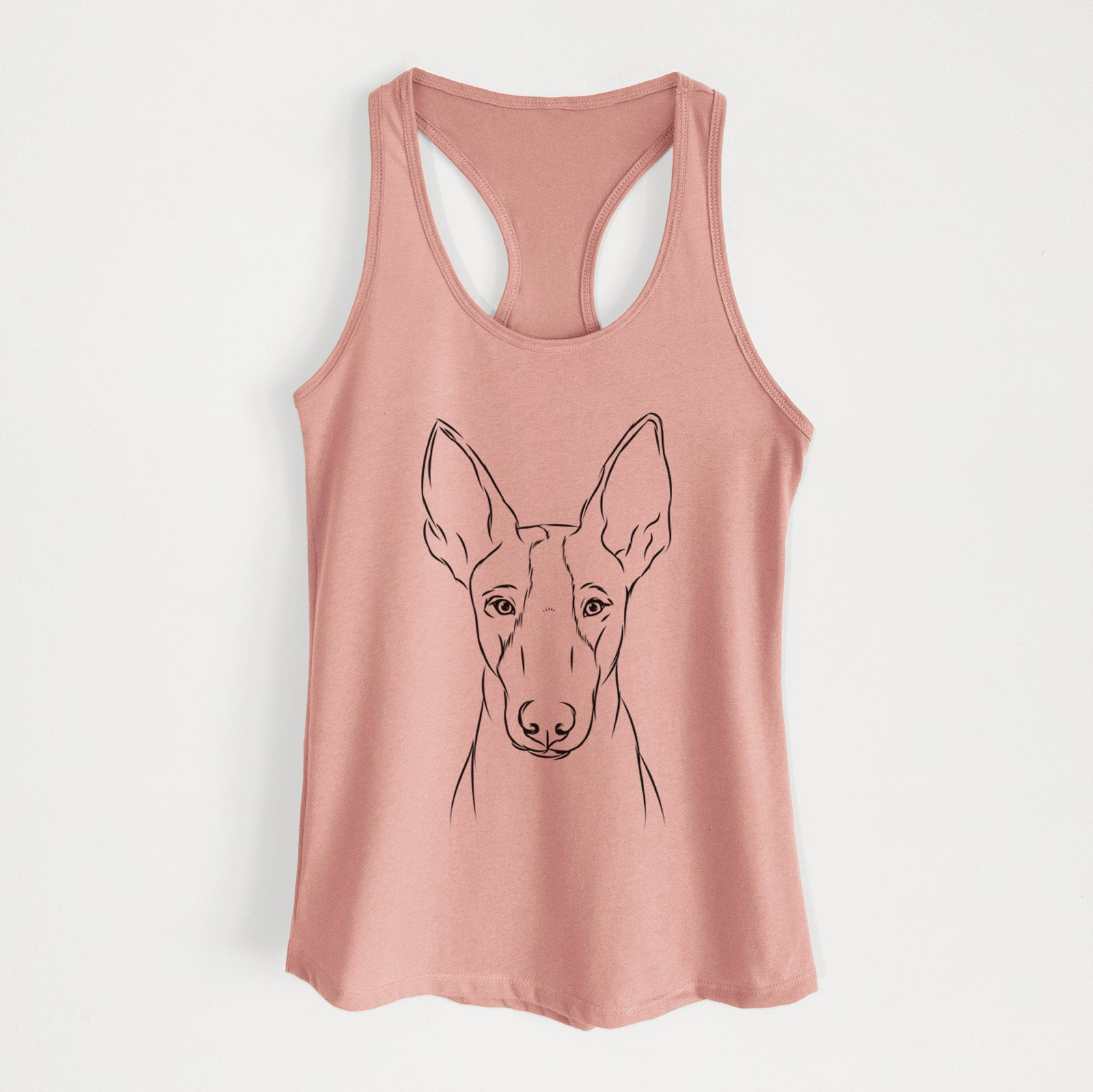 Hand-drawn sketch of Indy the Ibizan Hound on a Desert Pink Women's racerback tanktop