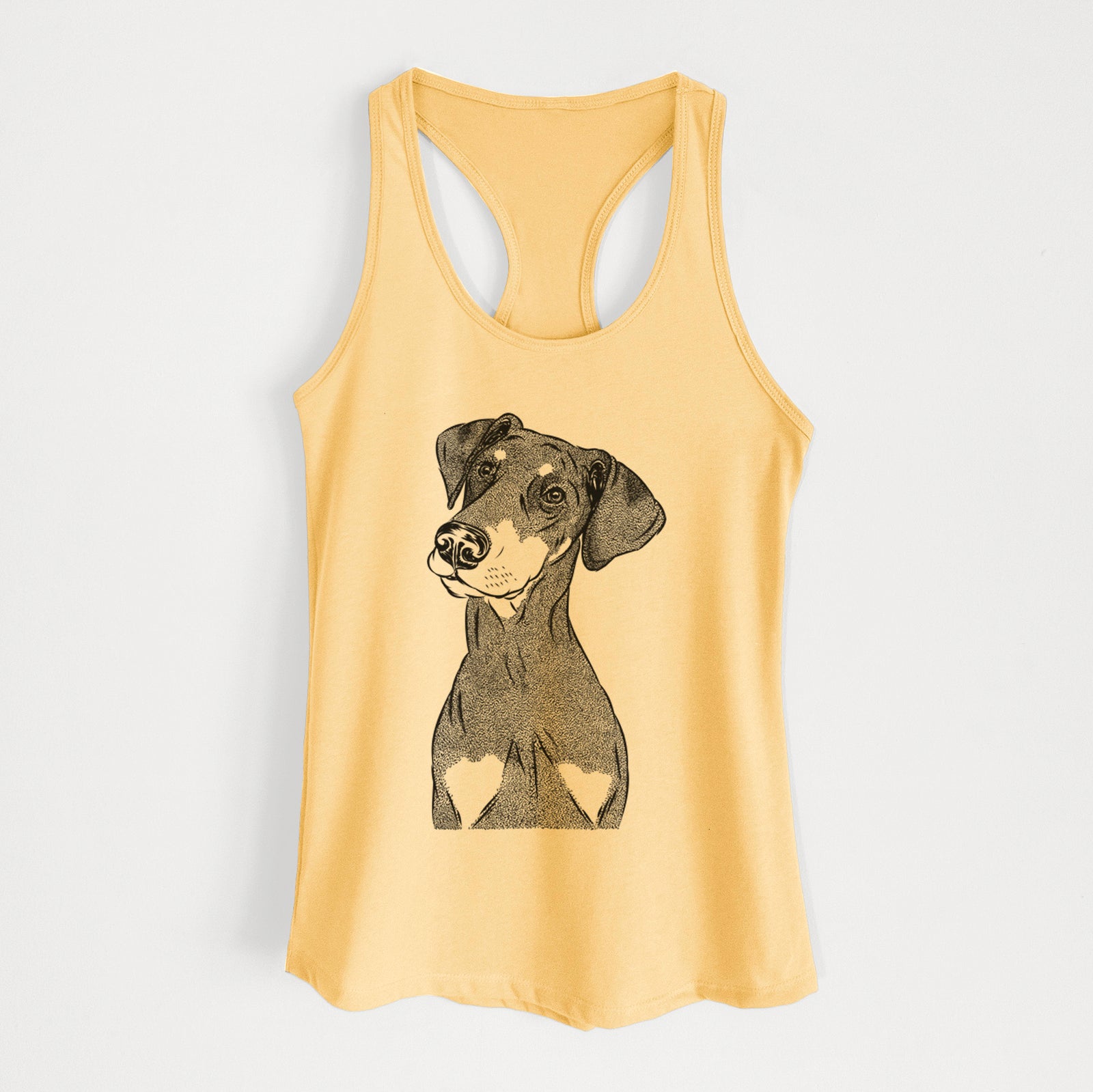 Hand-drawn sketch of Iroh the Doberman Pinscher on a Banana Cream Women's racerback tanktop