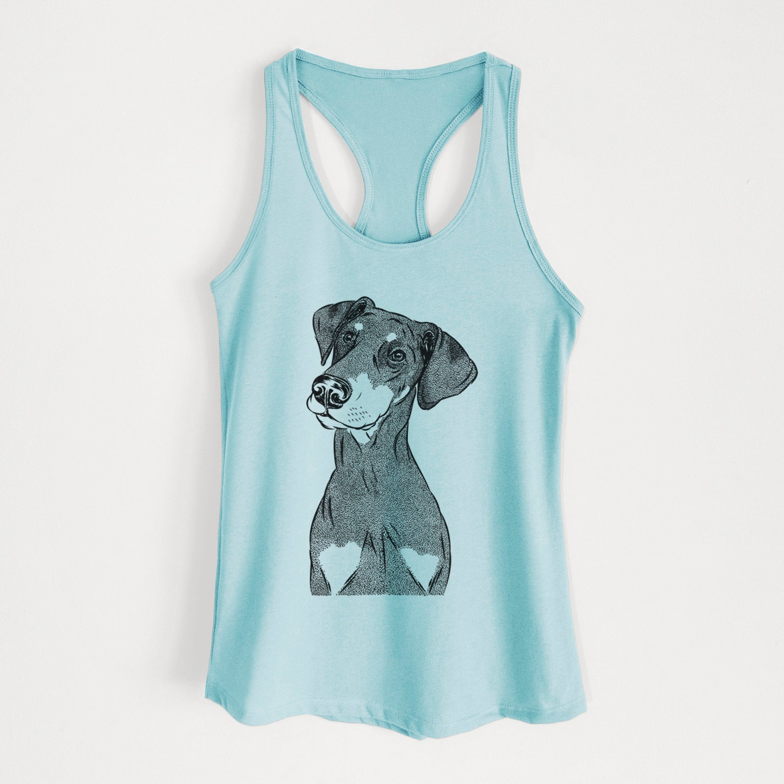 Hand-drawn sketch of Iroh the Doberman Pinscher on a Cancun Blue Women's racerback tanktop