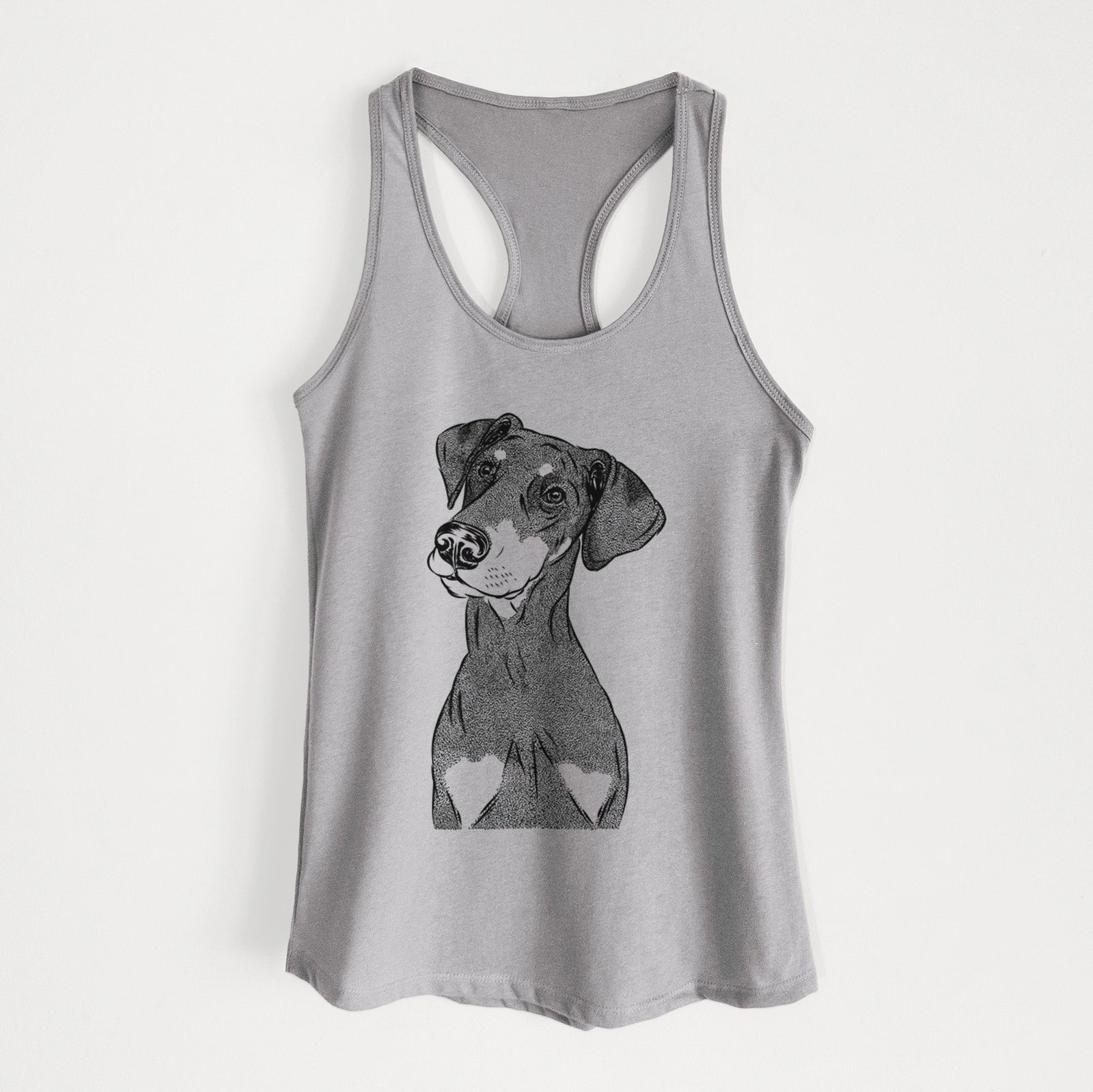 Hand-drawn sketch of Iroh the Doberman Pinscher on a Heather Grey Women's racerback tanktop