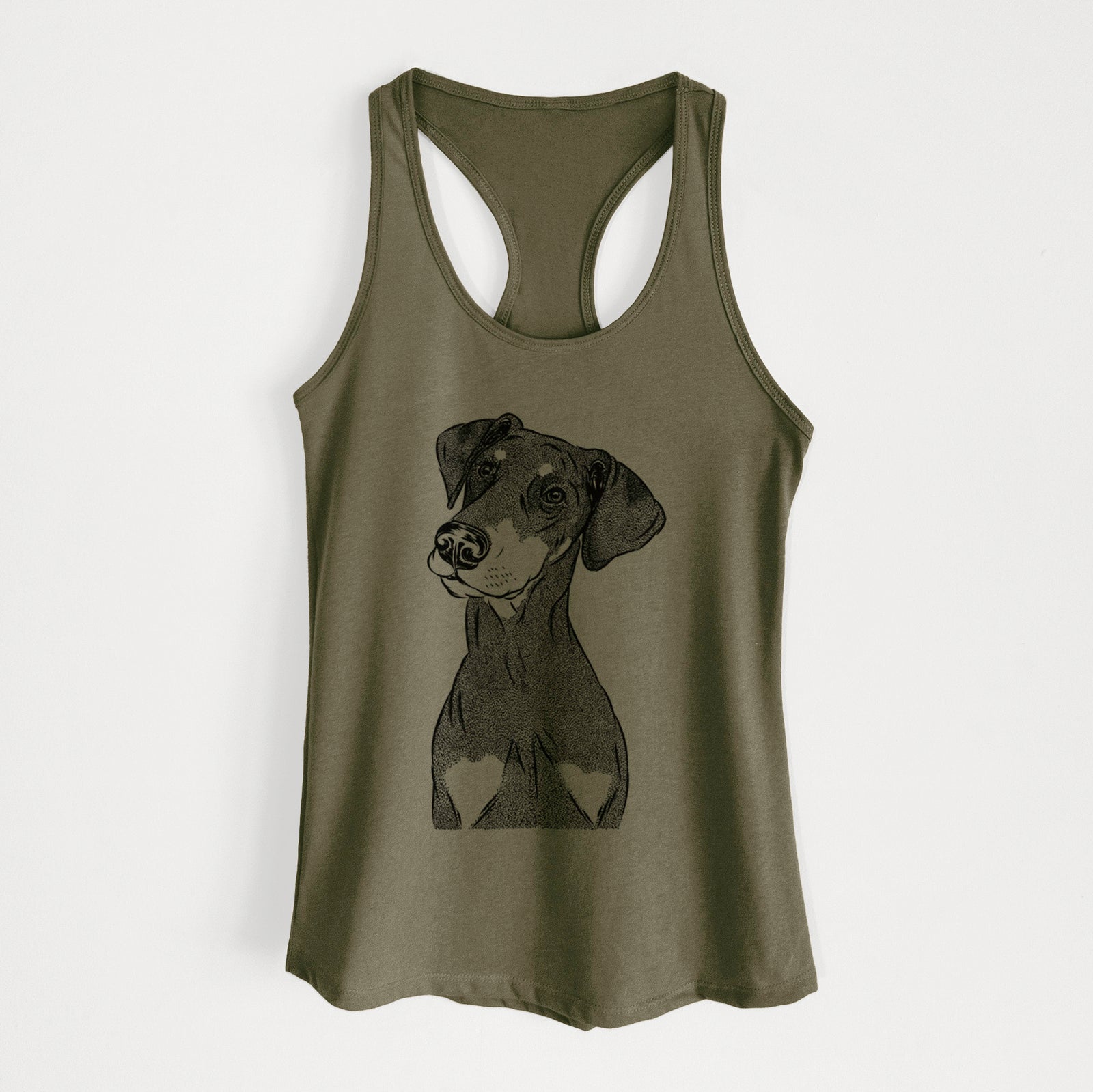 Hand-drawn sketch of Iroh the Doberman Pinscher on a Military Green Women's racerback tanktop