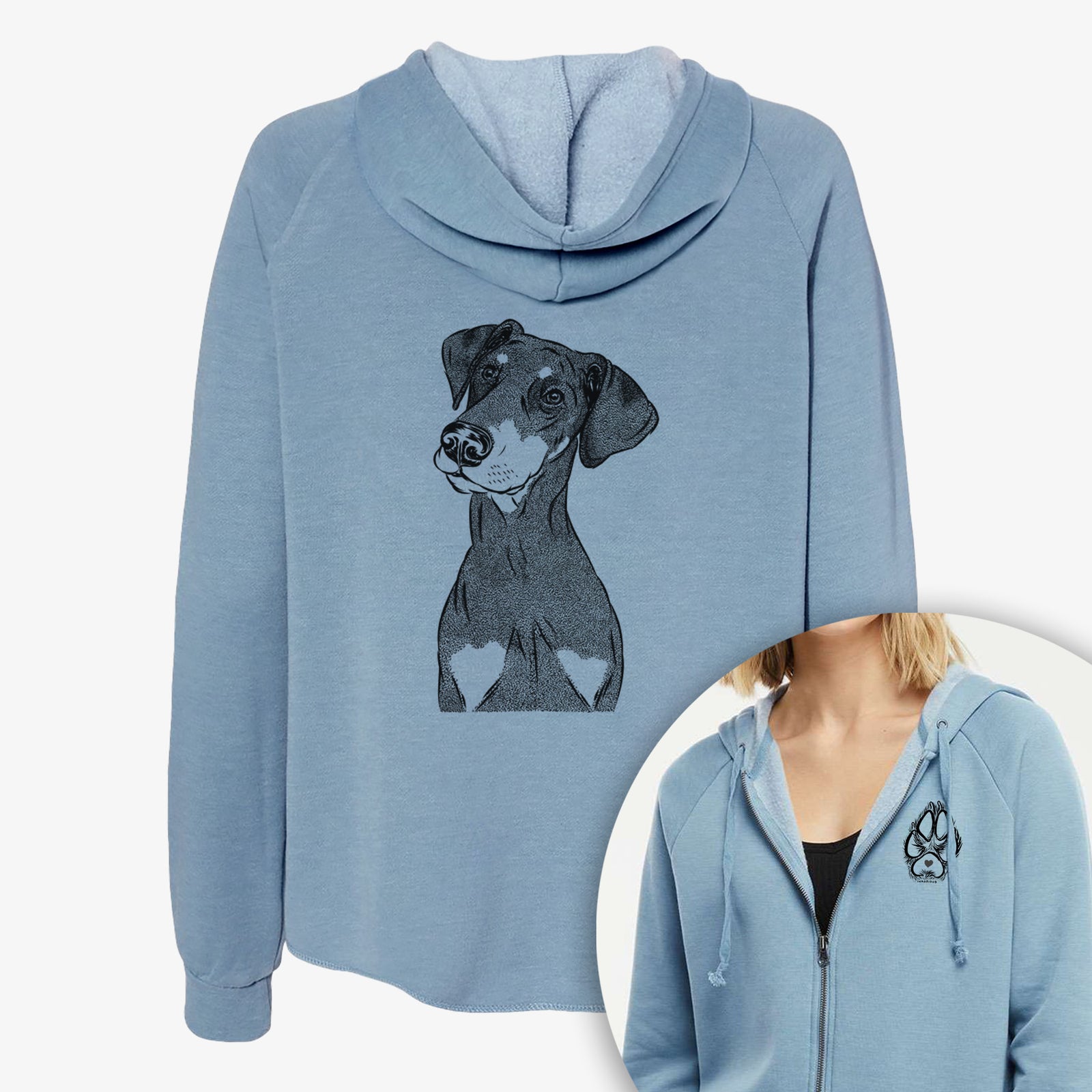 Hand-drawn sketch of Iroh the Doberman Pinscher on a Women's cali wave zip-up sweatshirt, shown with icons of the other available costume styles