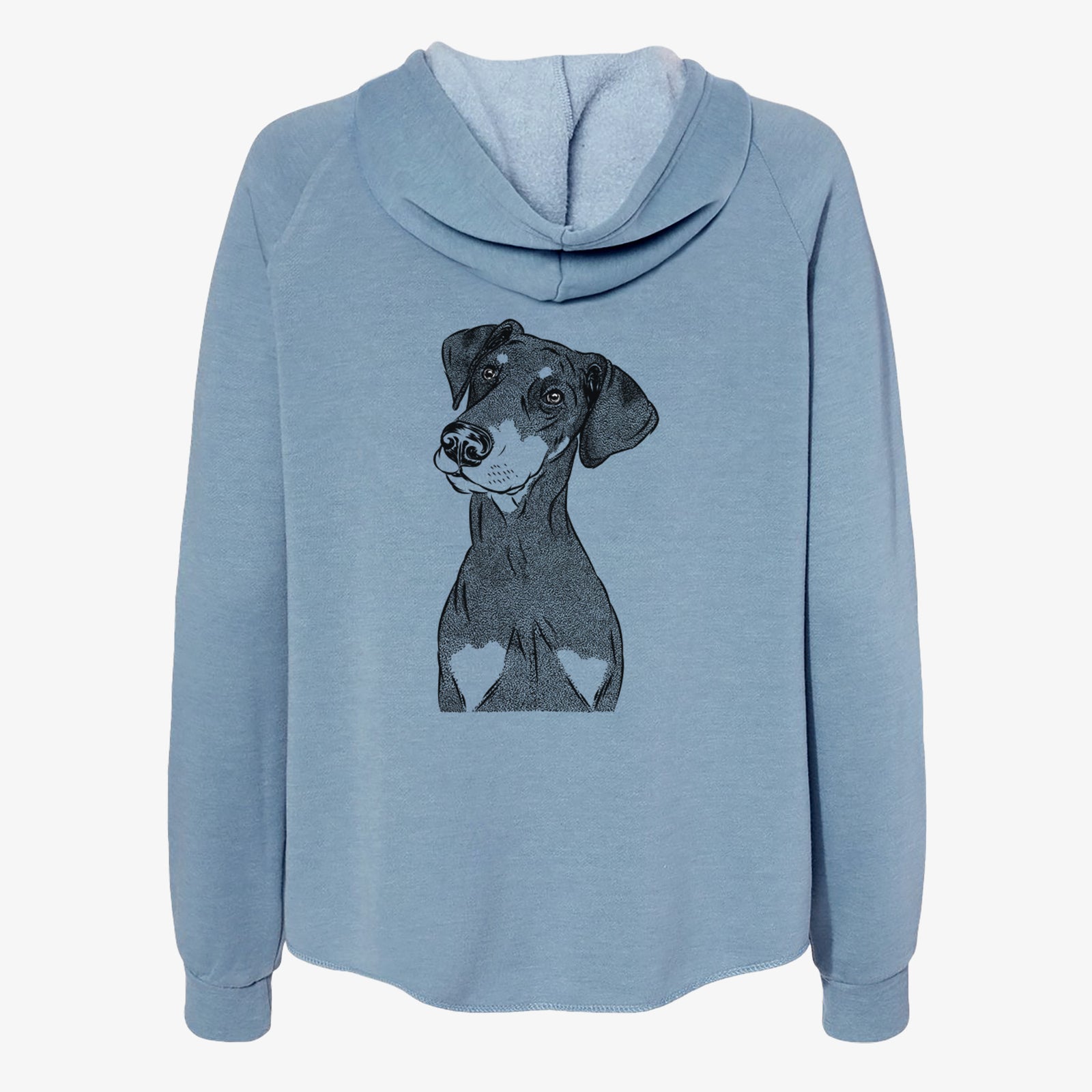 Hand-drawn sketch of Iroh the Doberman Pinscher on a Misty Blue Women's cali wave zip-up sweatshirt