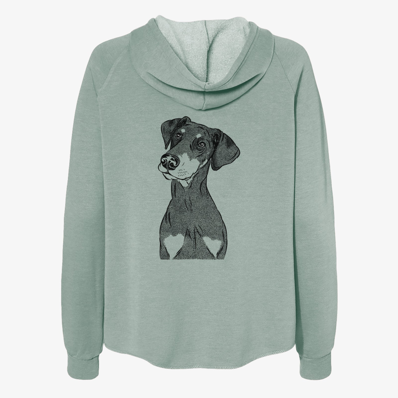 Hand-drawn sketch of Iroh the Doberman Pinscher on a Sage Women's cali wave zip-up sweatshirt