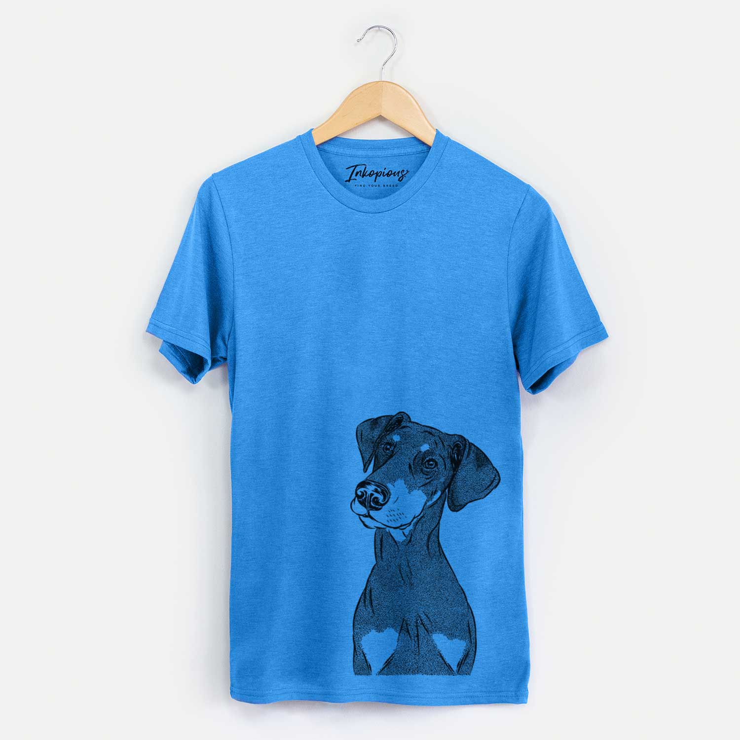 Hand-drawn sketch of Iroh the Doberman Pinscher on a Blue Unisex crewneck