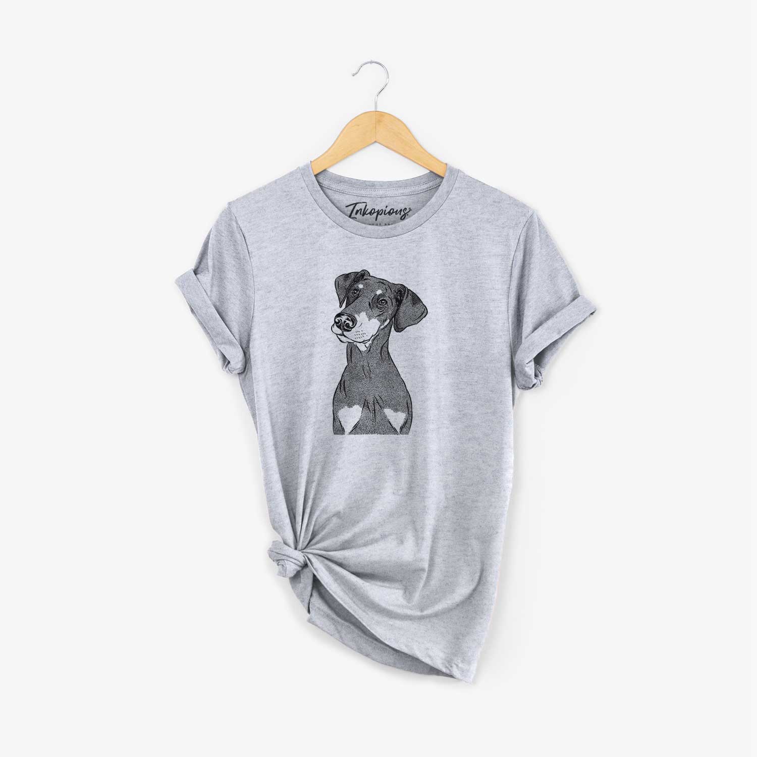 Hand-drawn sketch of Iroh the Doberman Pinscher on a Grey Unisex crewneck