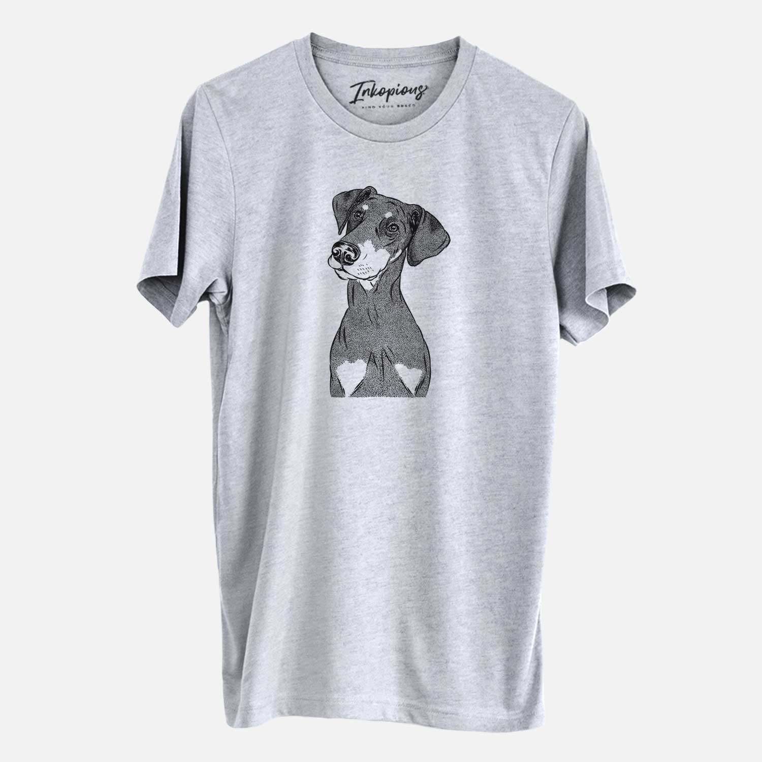 Hand-drawn sketch of Iroh the Doberman Pinscher on a Grey Unisex crewneck