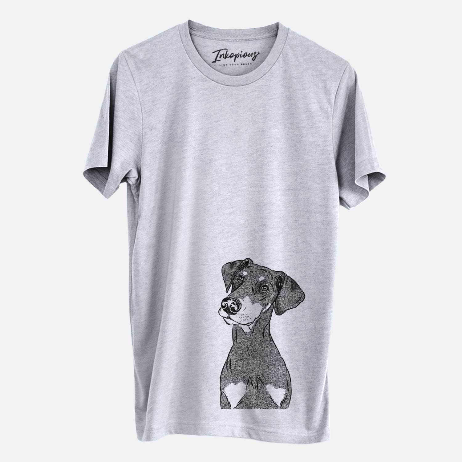 Hand-drawn sketch of Iroh the Doberman Pinscher on a Grey Unisex crewneck