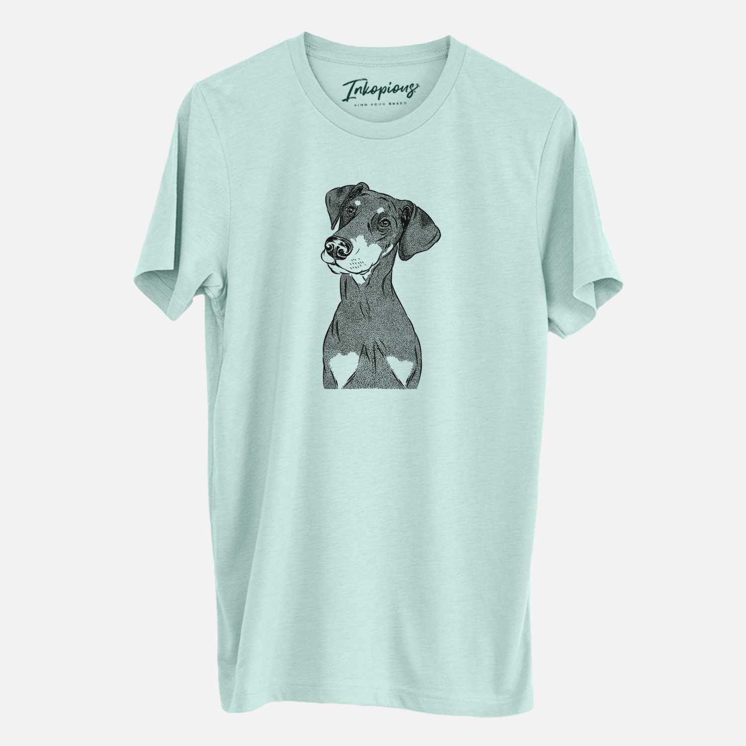 Hand-drawn sketch of Iroh the Doberman Pinscher on a Heather Sage Unisex crewneck