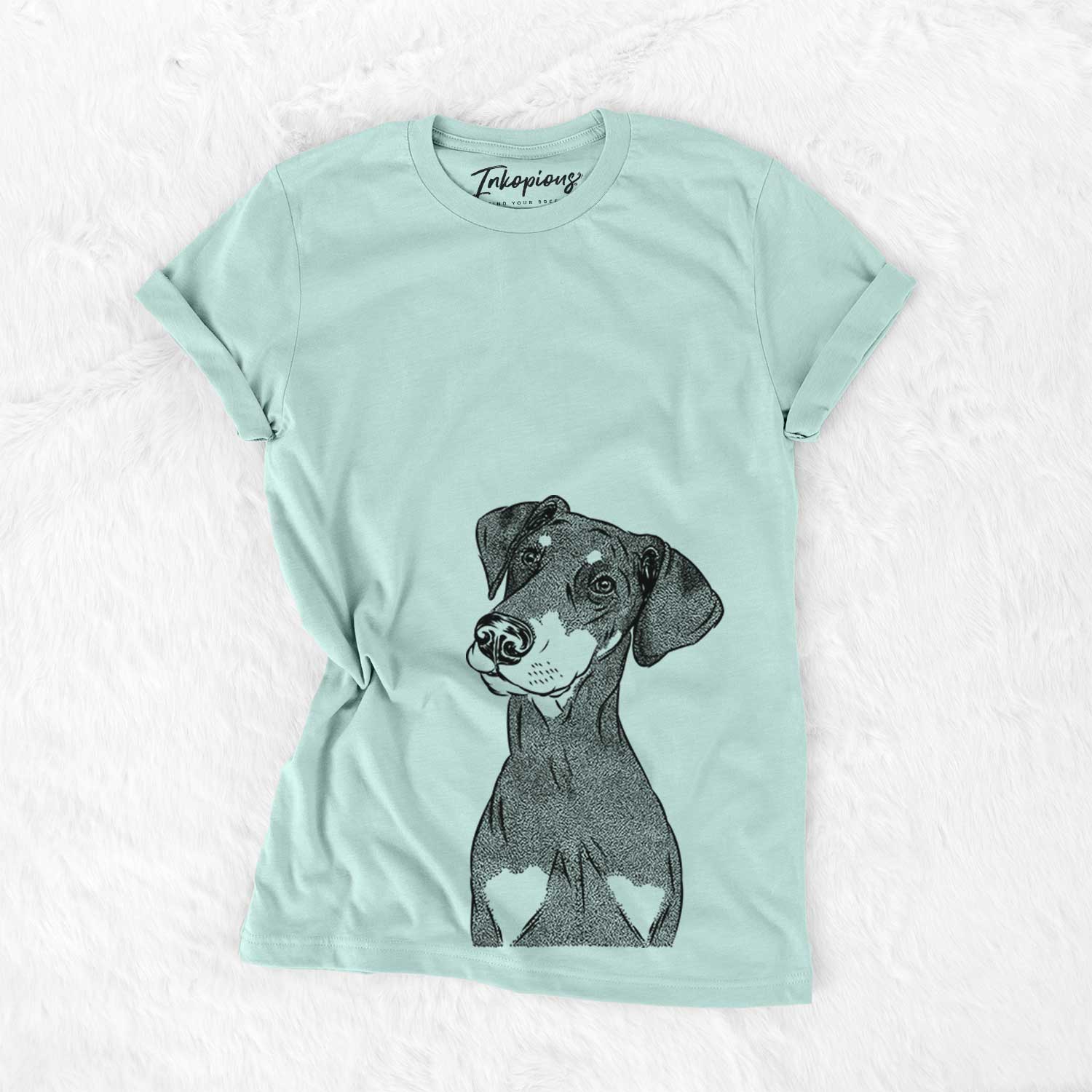 Hand-drawn sketch of Iroh the Doberman Pinscher on a Heather Sage Bella Canvas Unisex Crewneck