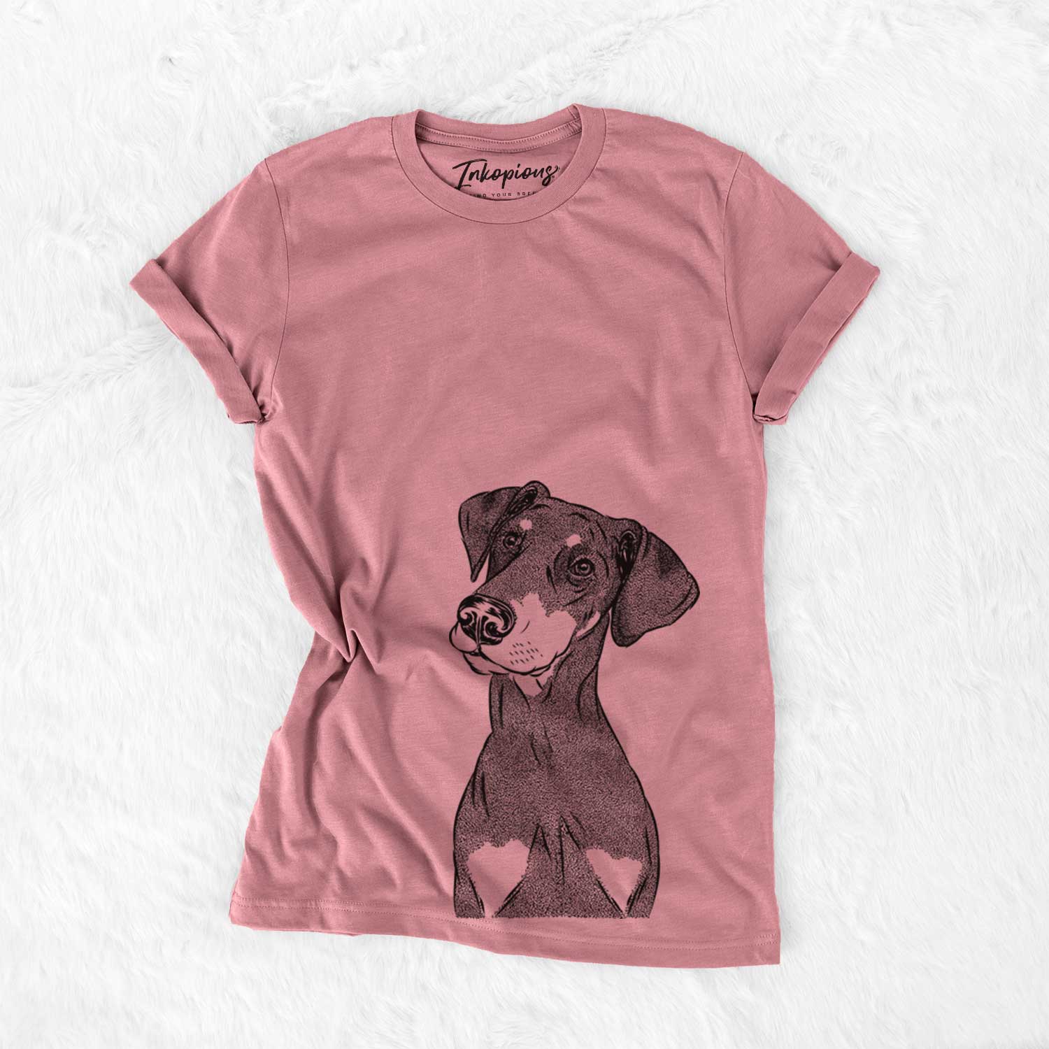 Hand-drawn sketch of Iroh the Doberman Pinscher on a Mauve Unisex crewneck
