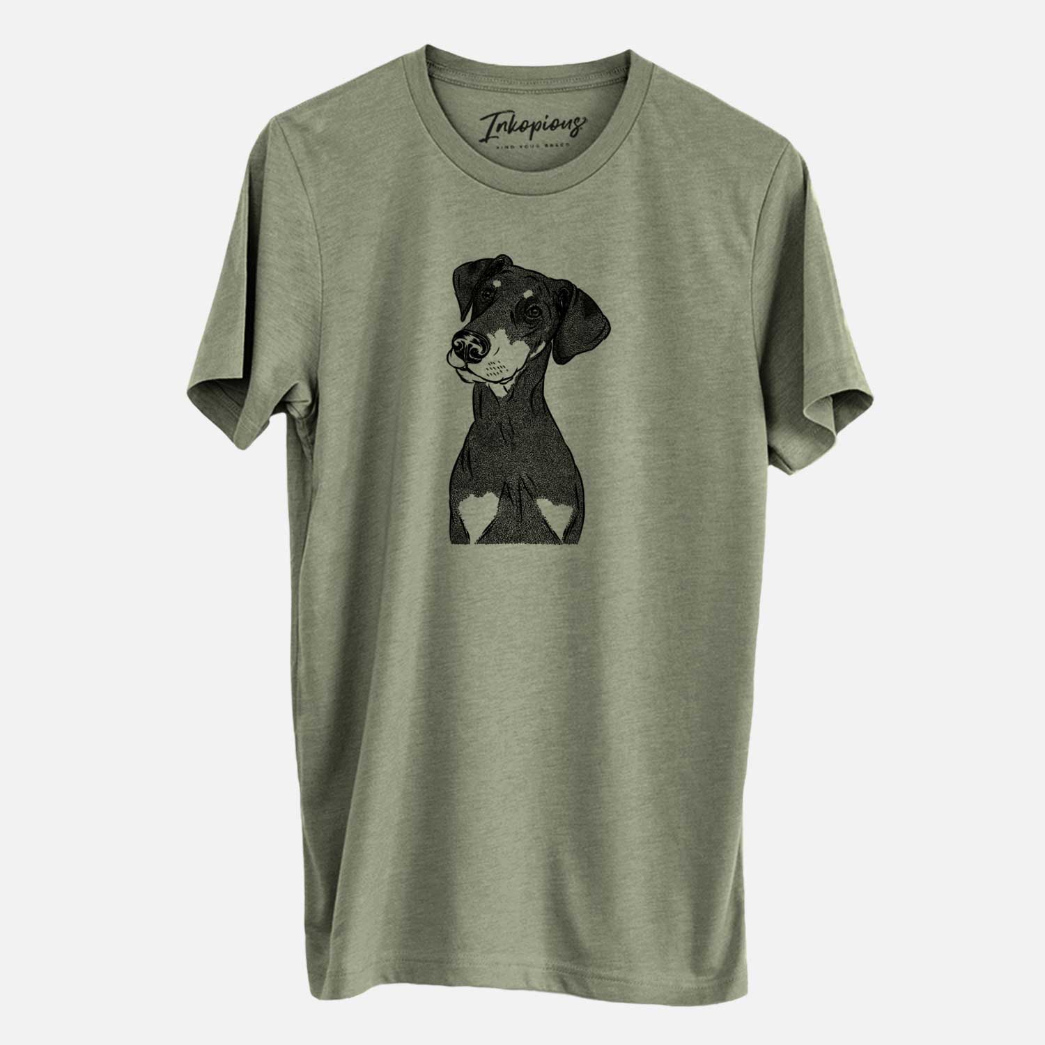 Hand-drawn sketch of Iroh the Doberman Pinscher on an Olive Unisex crewneck