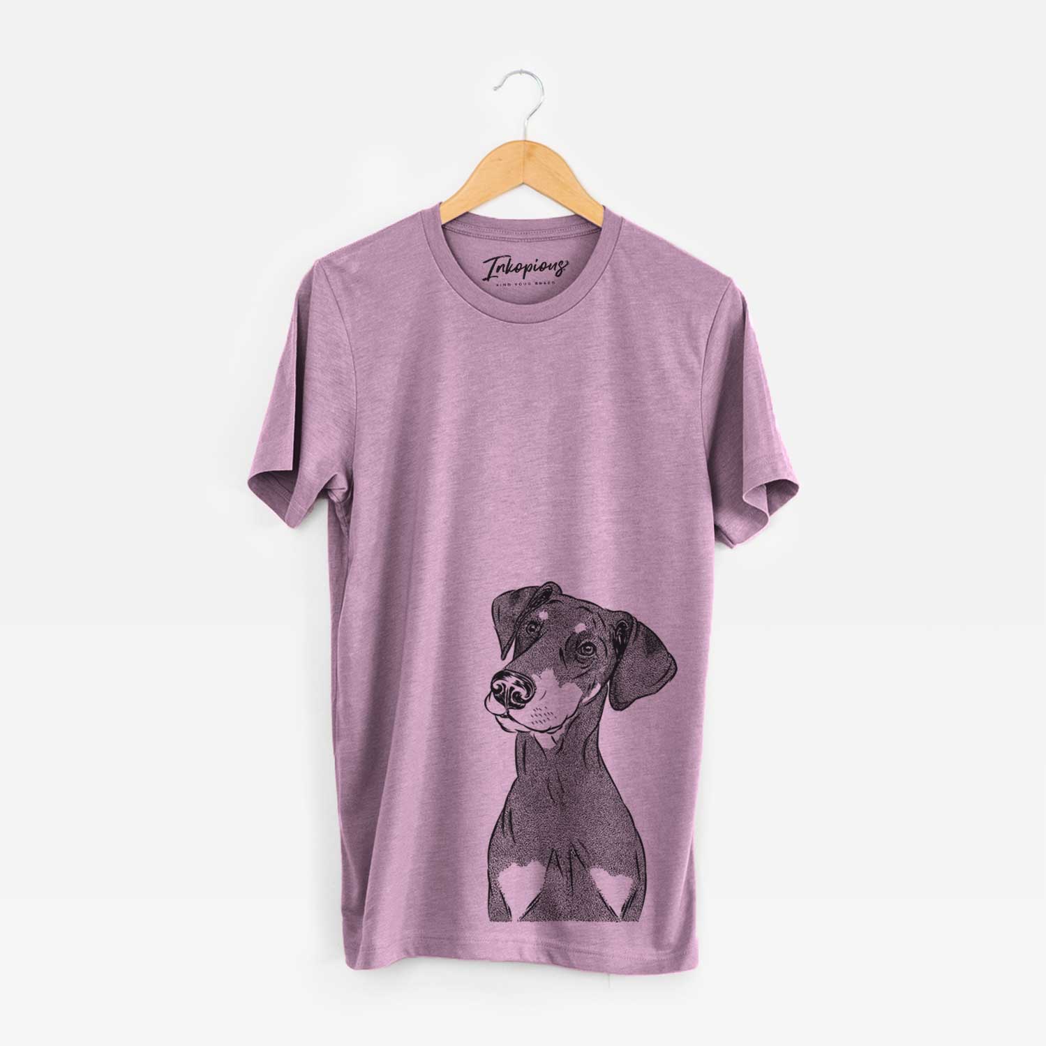 Hand-drawn sketch of Iroh the Doberman Pinscher on an Orchid Unisex crewneck