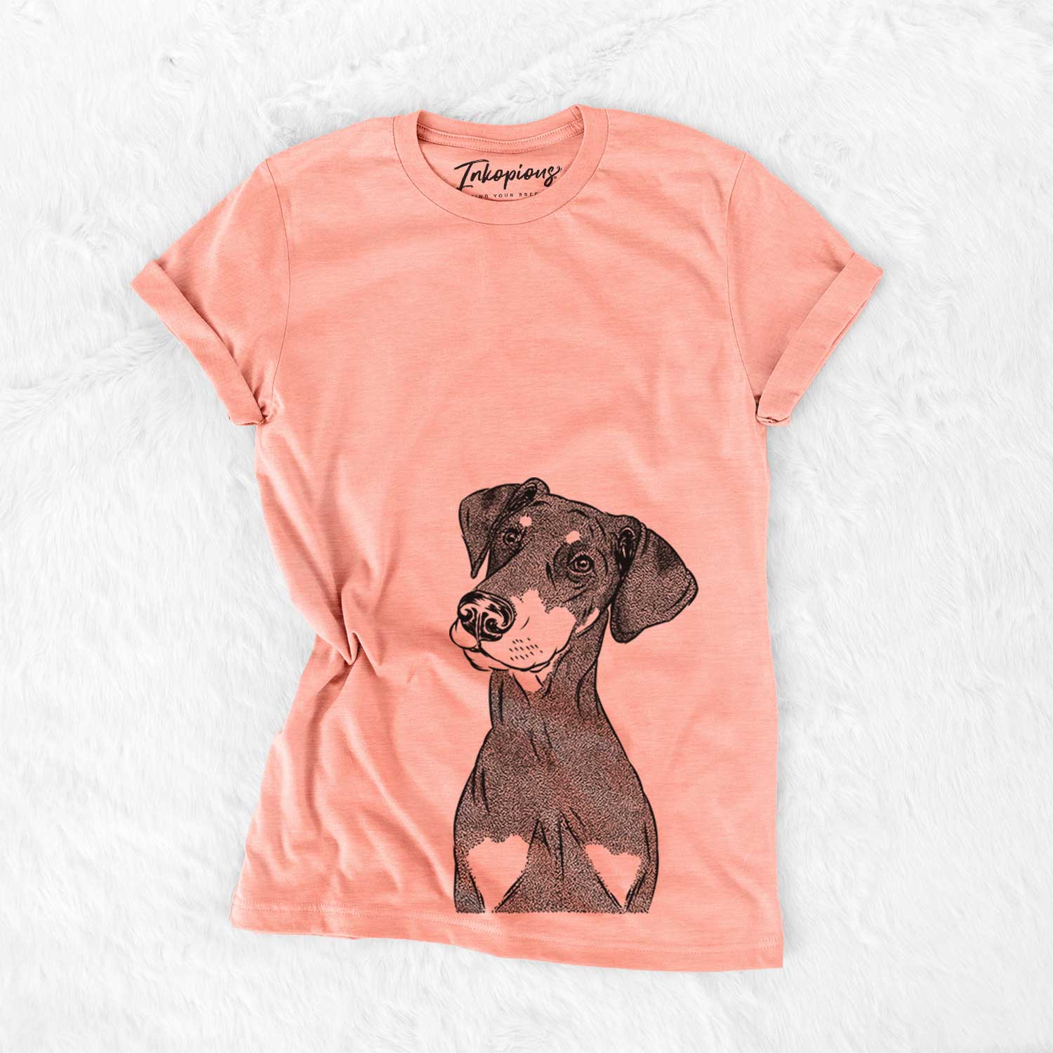 Hand-drawn sketch of Iroh the Doberman Pinscher on a Sunset Bella Canvas Unisex Crewneck