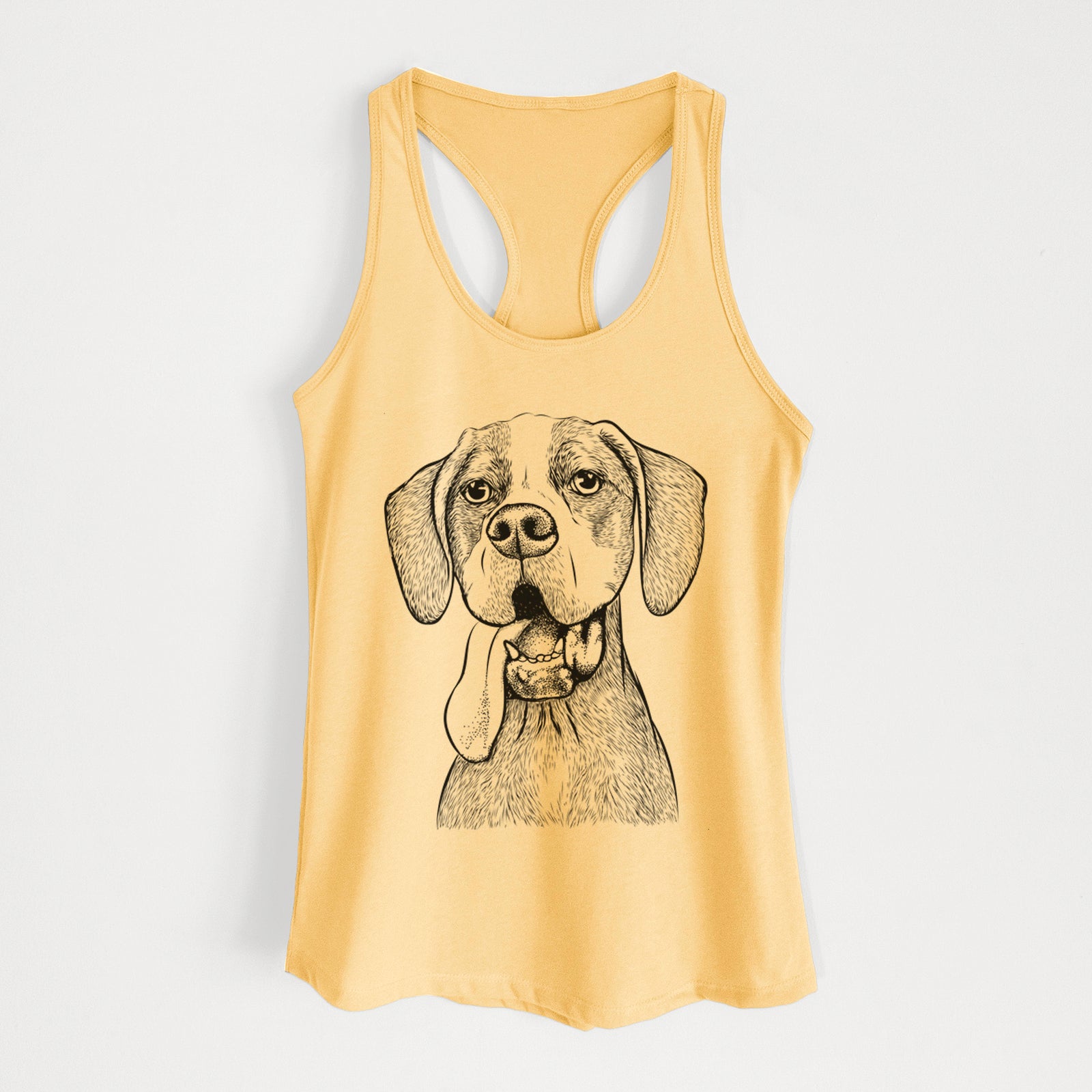 Hand-drawn sketch of Irwin the English Pointer on a Banana Cream Women's racerback tanktop