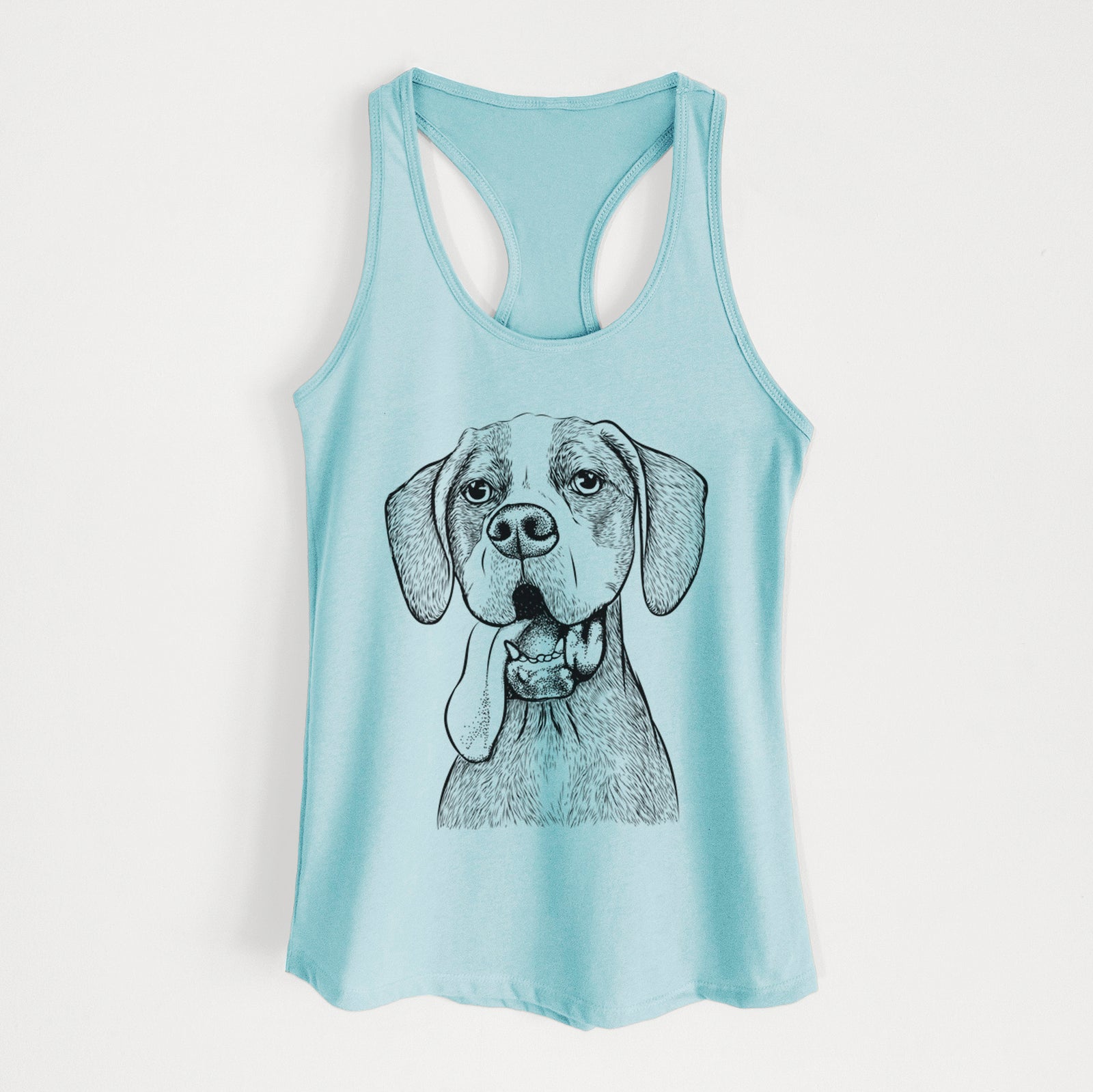 Hand-drawn sketch of Irwin the English Pointer on a Cancun Blue Women's racerback tanktop