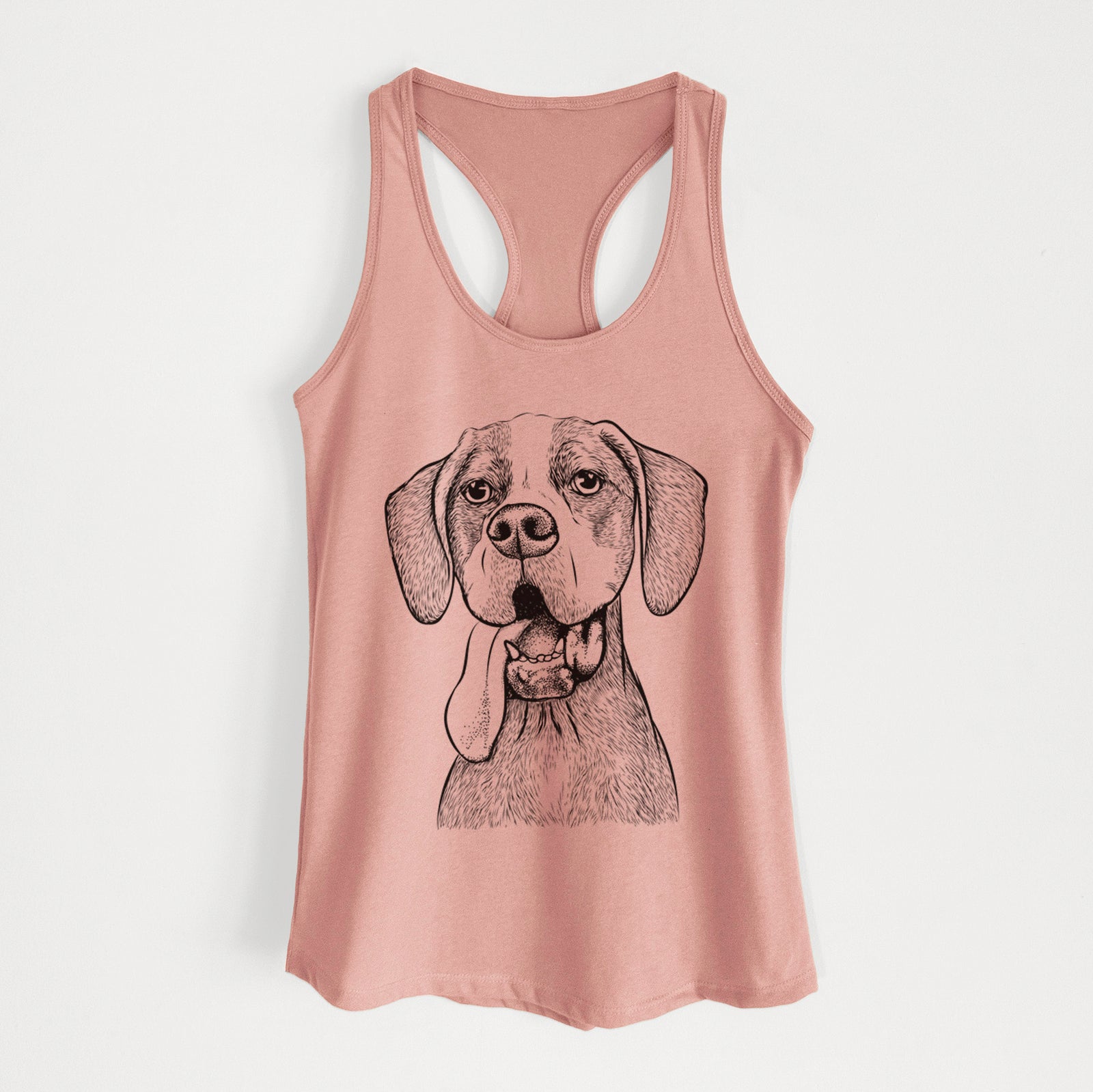 Hand-drawn sketch of Irwin the English Pointer on a Desert Pink Women's racerback tanktop
