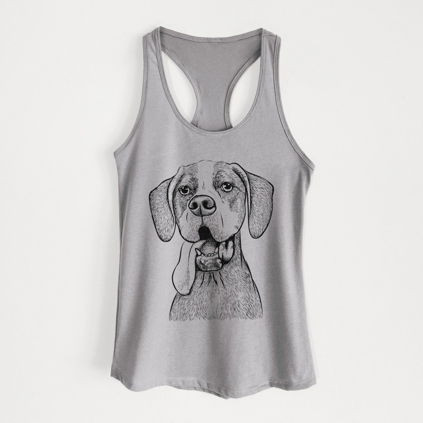 Hand-drawn sketch of Irwin the English Pointer on a Heather Grey Women's racerback tanktop