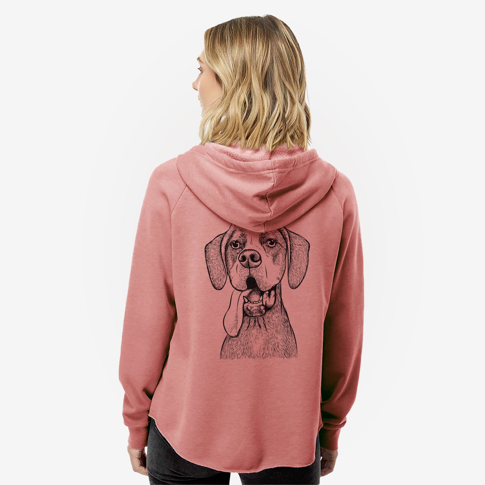 Hand-drawn sketch of Irwin the English Pointer on a Dusty Rose Women's cali wave zip-up sweatshirt