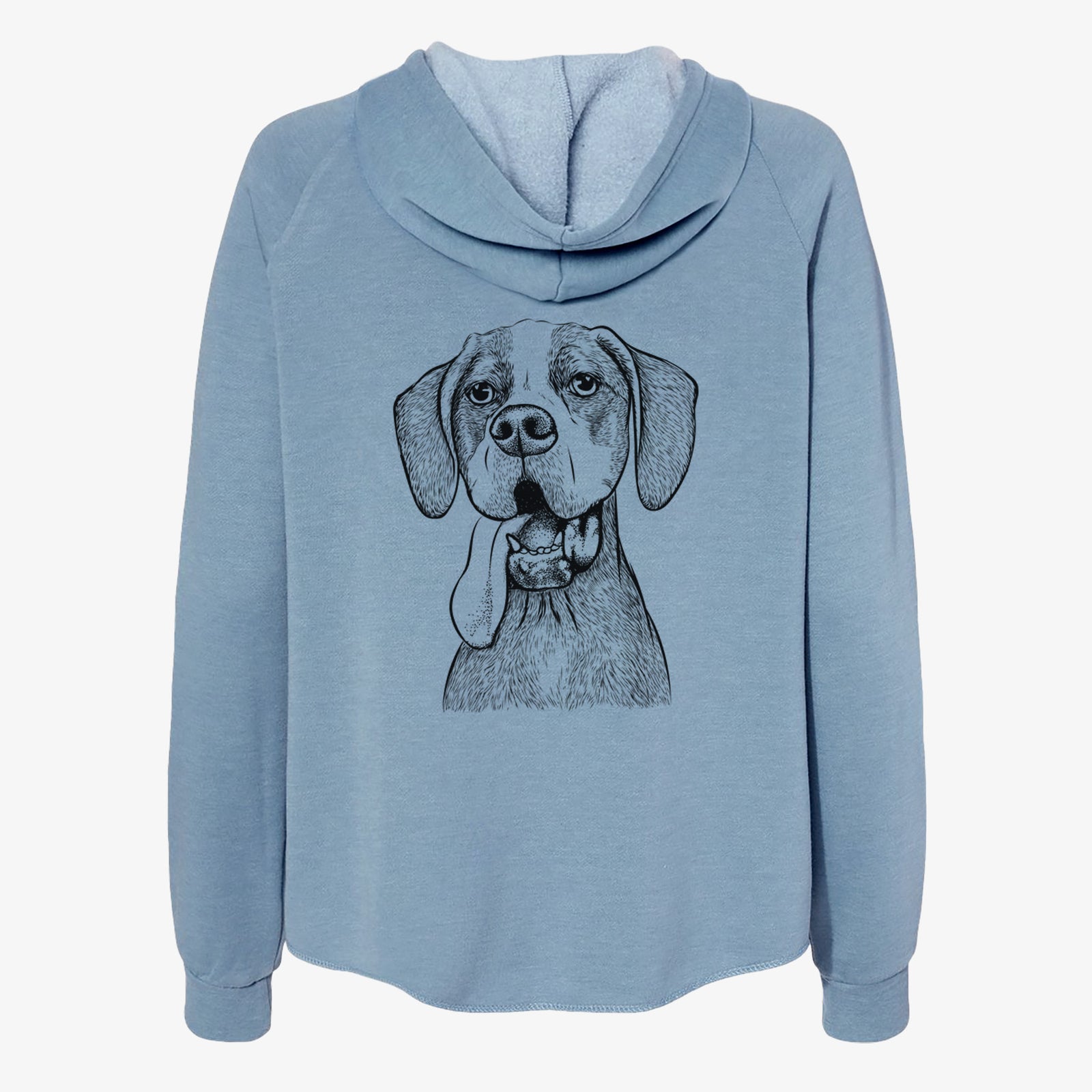 Hand-drawn sketch of Irwin the English Pointer on a Misty Blue Women's cali wave zip-up sweatshirt