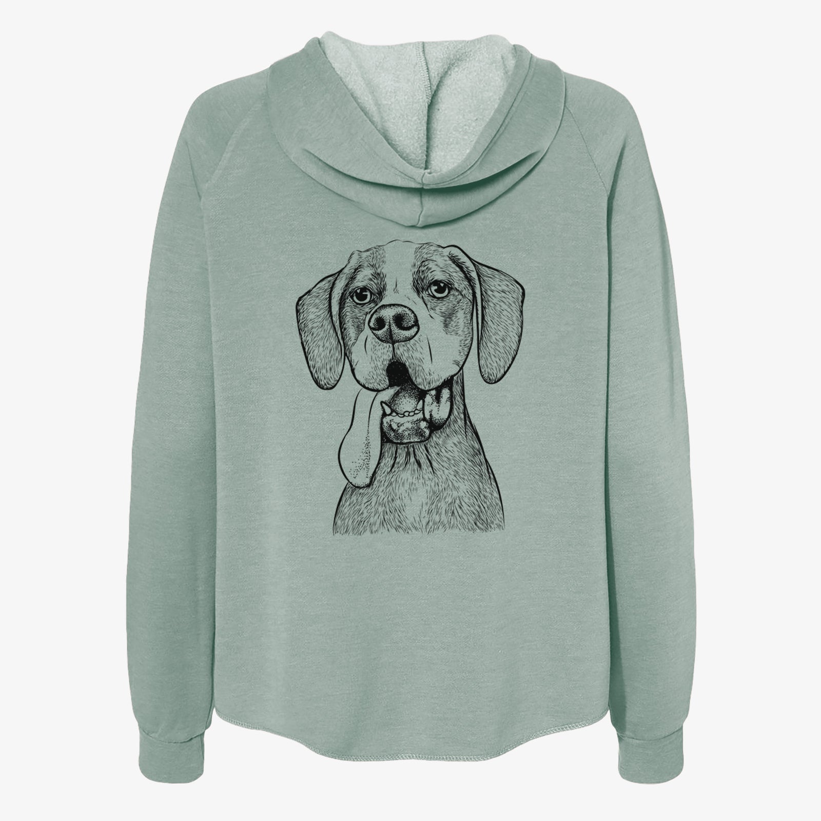 Hand-drawn sketch of Irwin the English Pointer on a Sage Women's cali wave zip-up sweatshirt