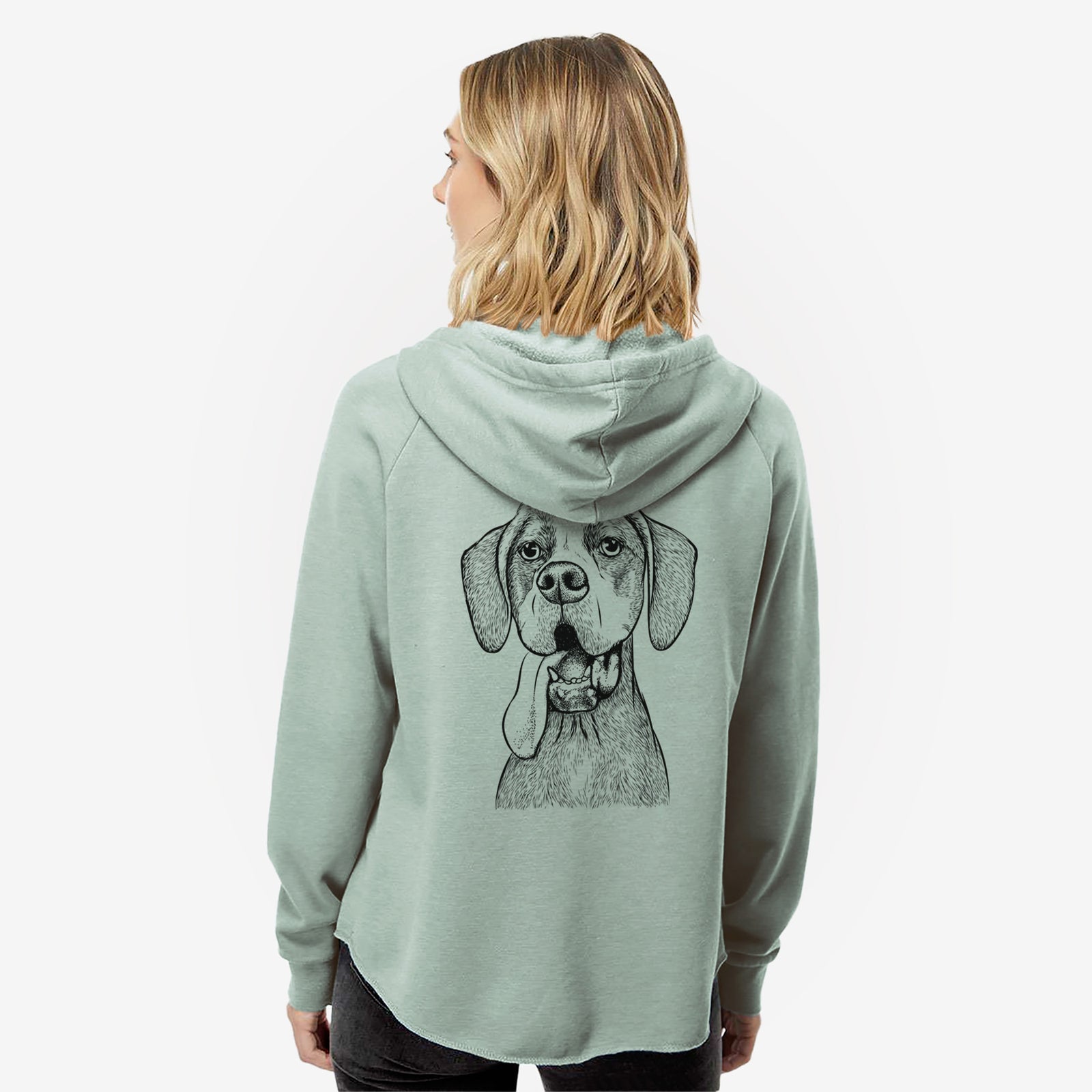 Hand-drawn sketch of Irwin the English Pointer on a Sage Women's cali wave zip-up sweatshirt