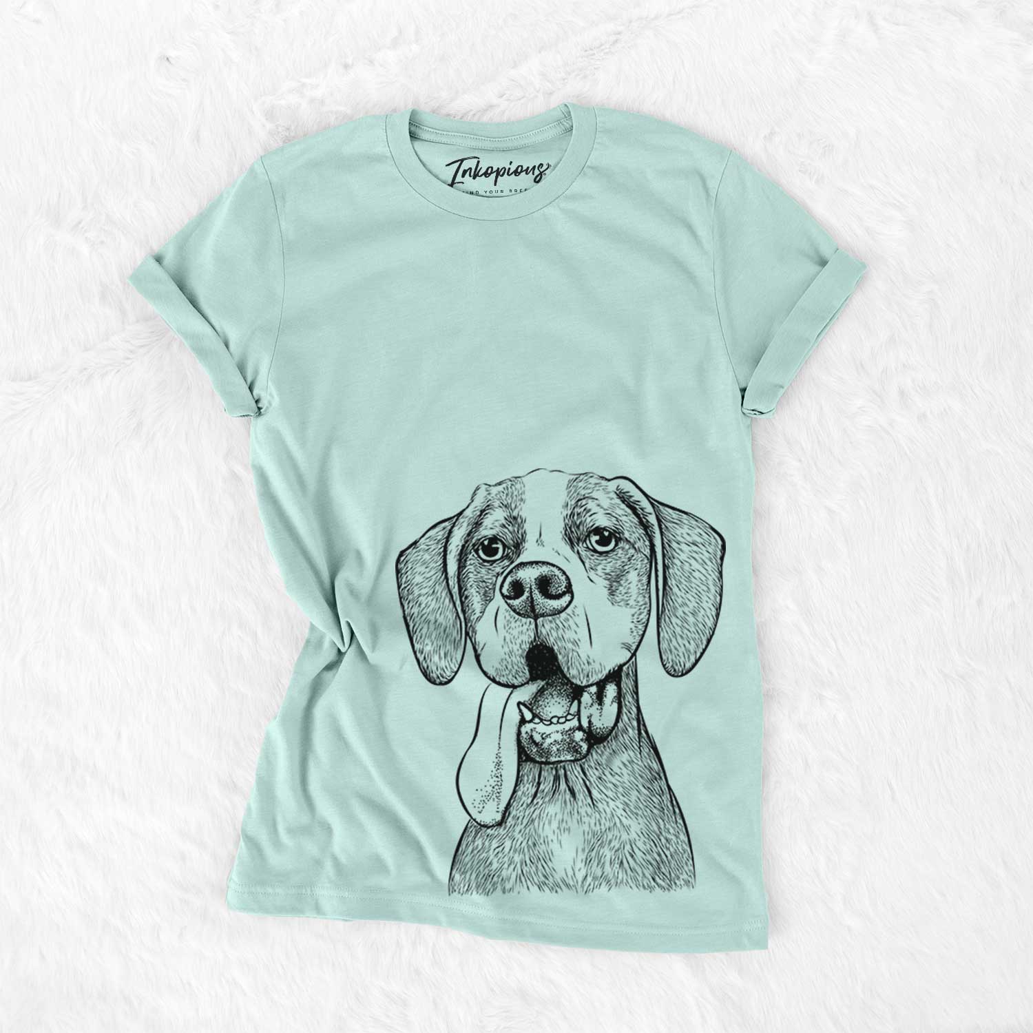 Hand-drawn sketch of Irwin the English Pointer on a Heather Sage Bella Canvas Unisex Crewneck