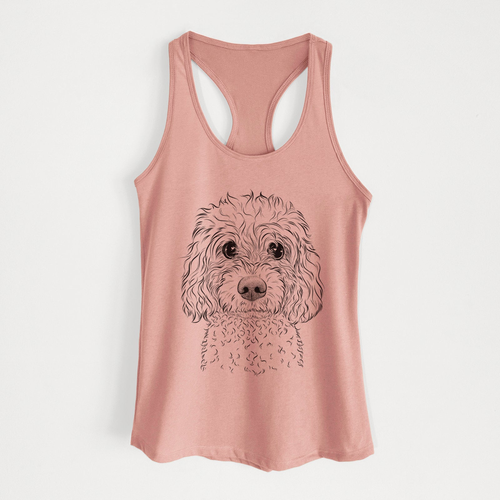 Hand-drawn sketch of Izzie the Cavachon on a Desert Pink Women's racerback tanktop