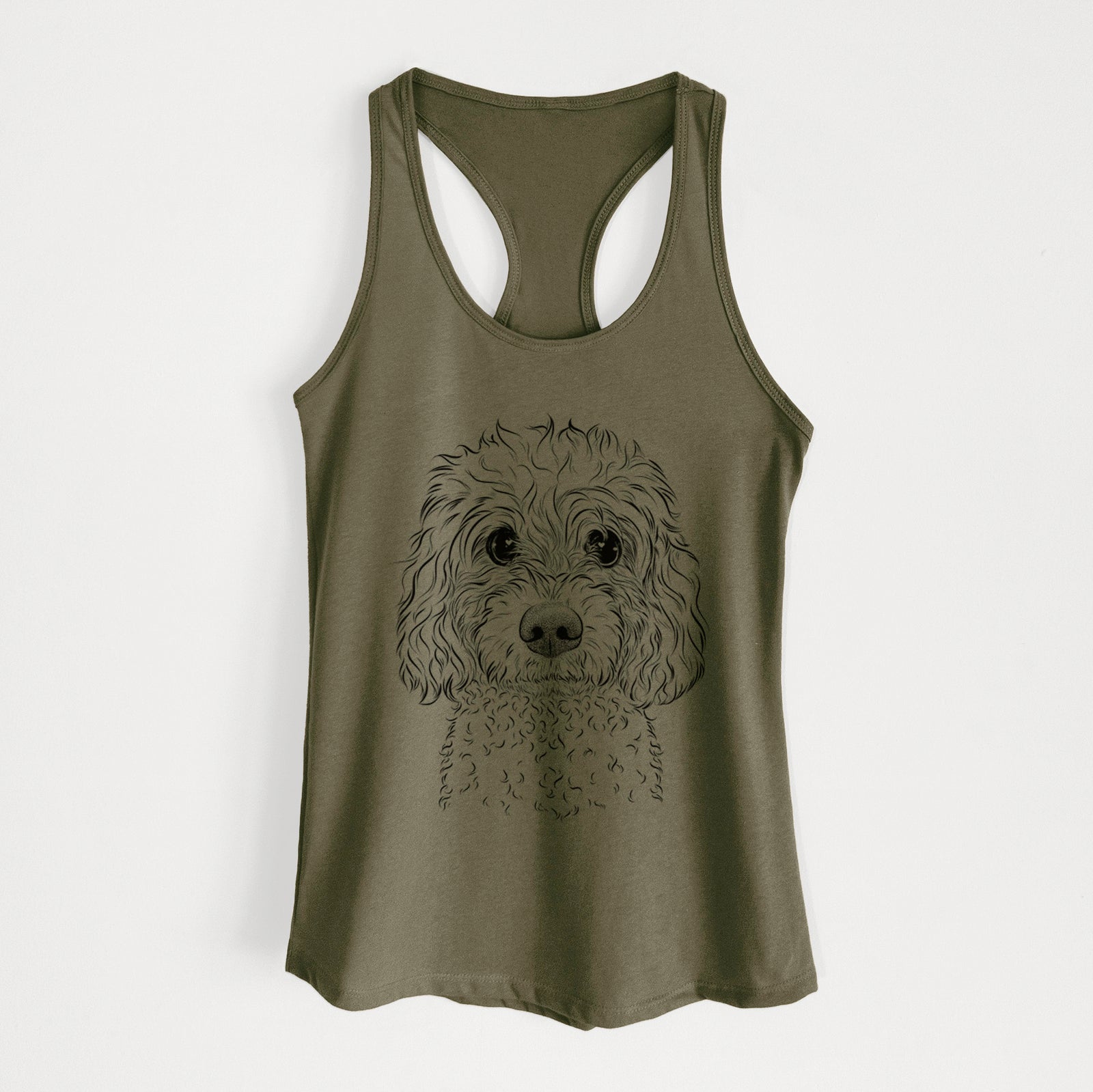 Hand-drawn sketch of Izzie the Cavachon on a Military Green Women's racerback tanktop