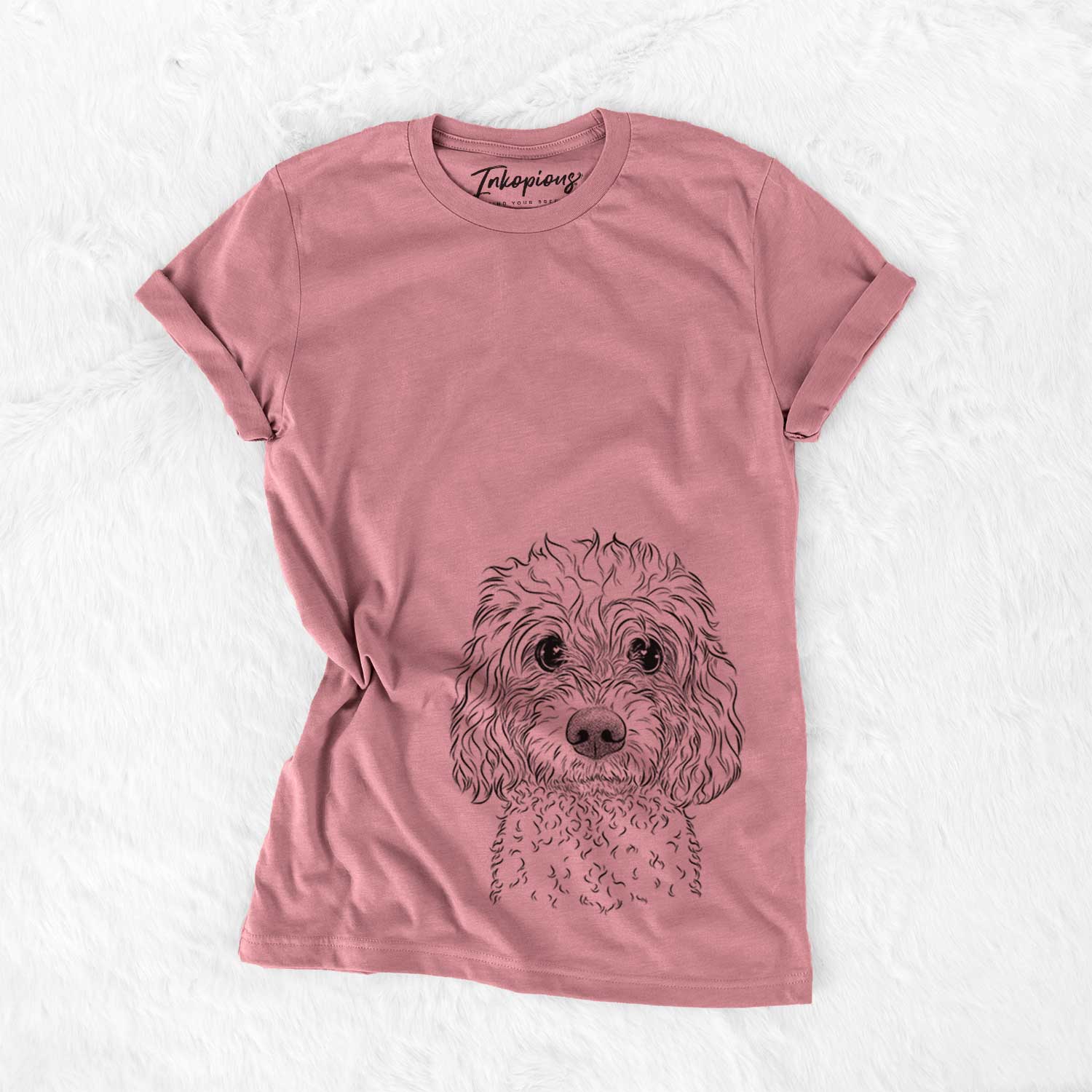Hand-drawn sketch of Izzie the Cavachon on a Mauve Unisex crewneck