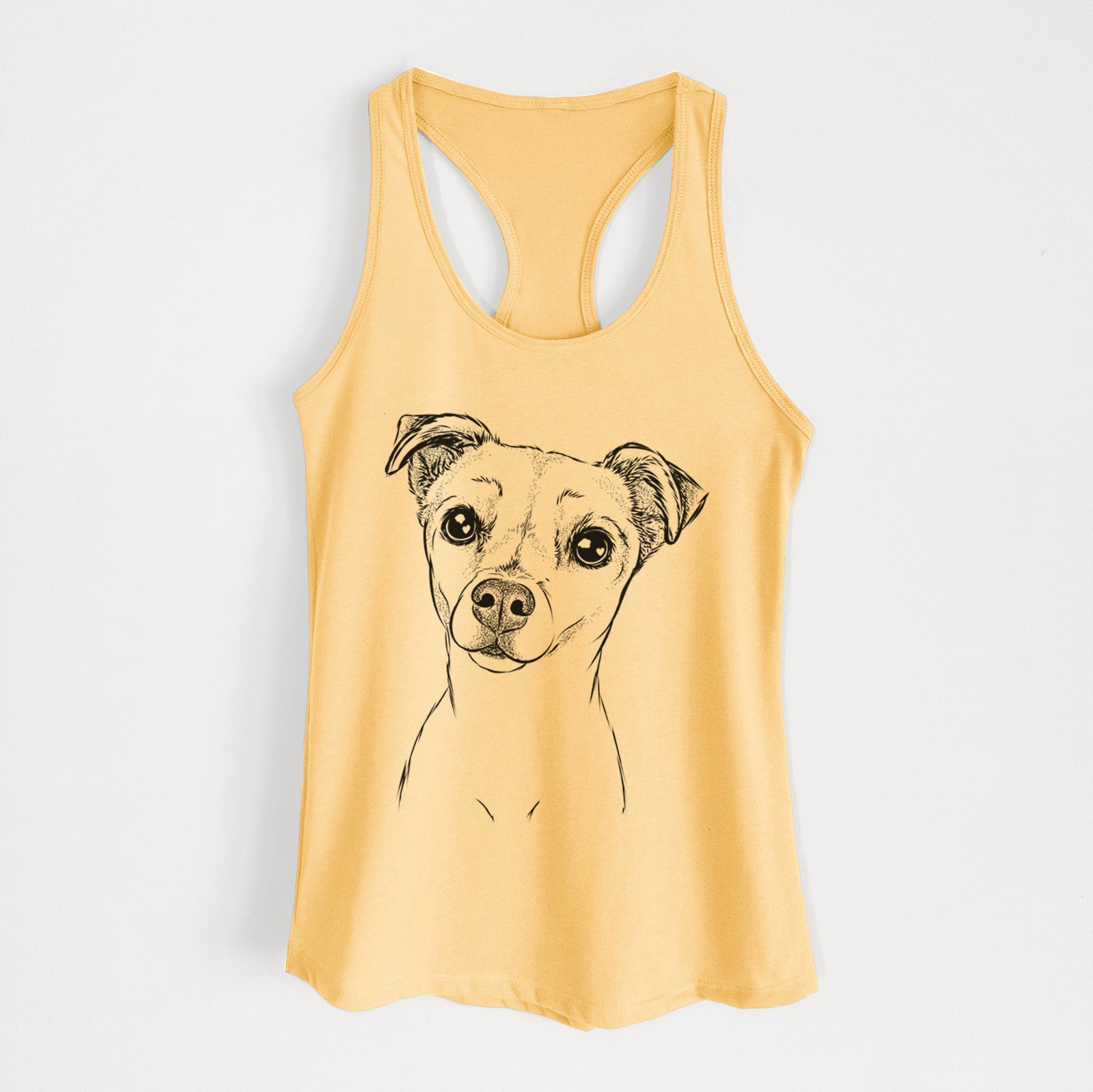 Hand-drawn sketch of Izzy the Chiweenie on a Banana Cream Women's racerback tanktop